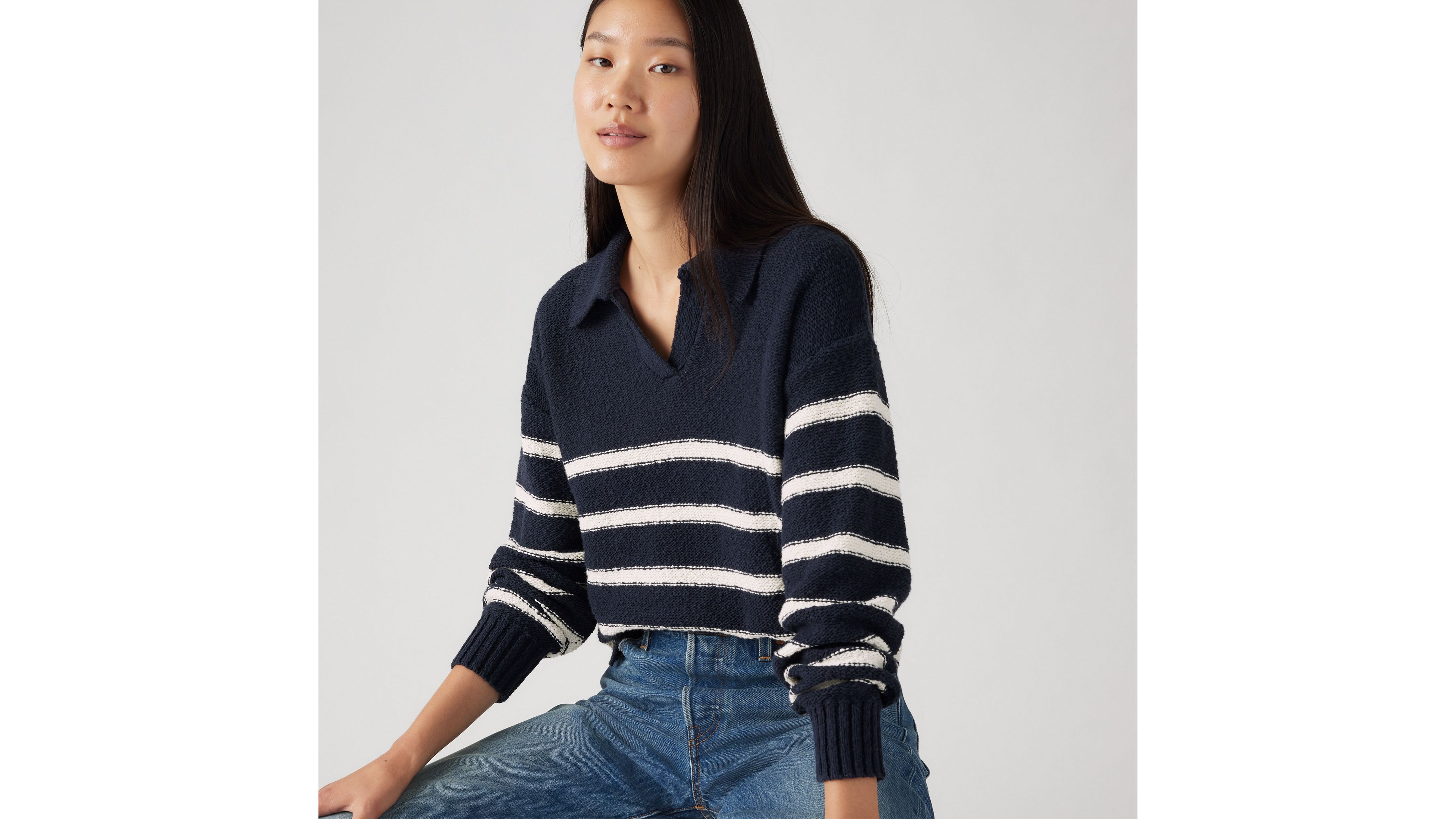 Levi's Satellite Polo Sweater In Marine Stripe Night Sky