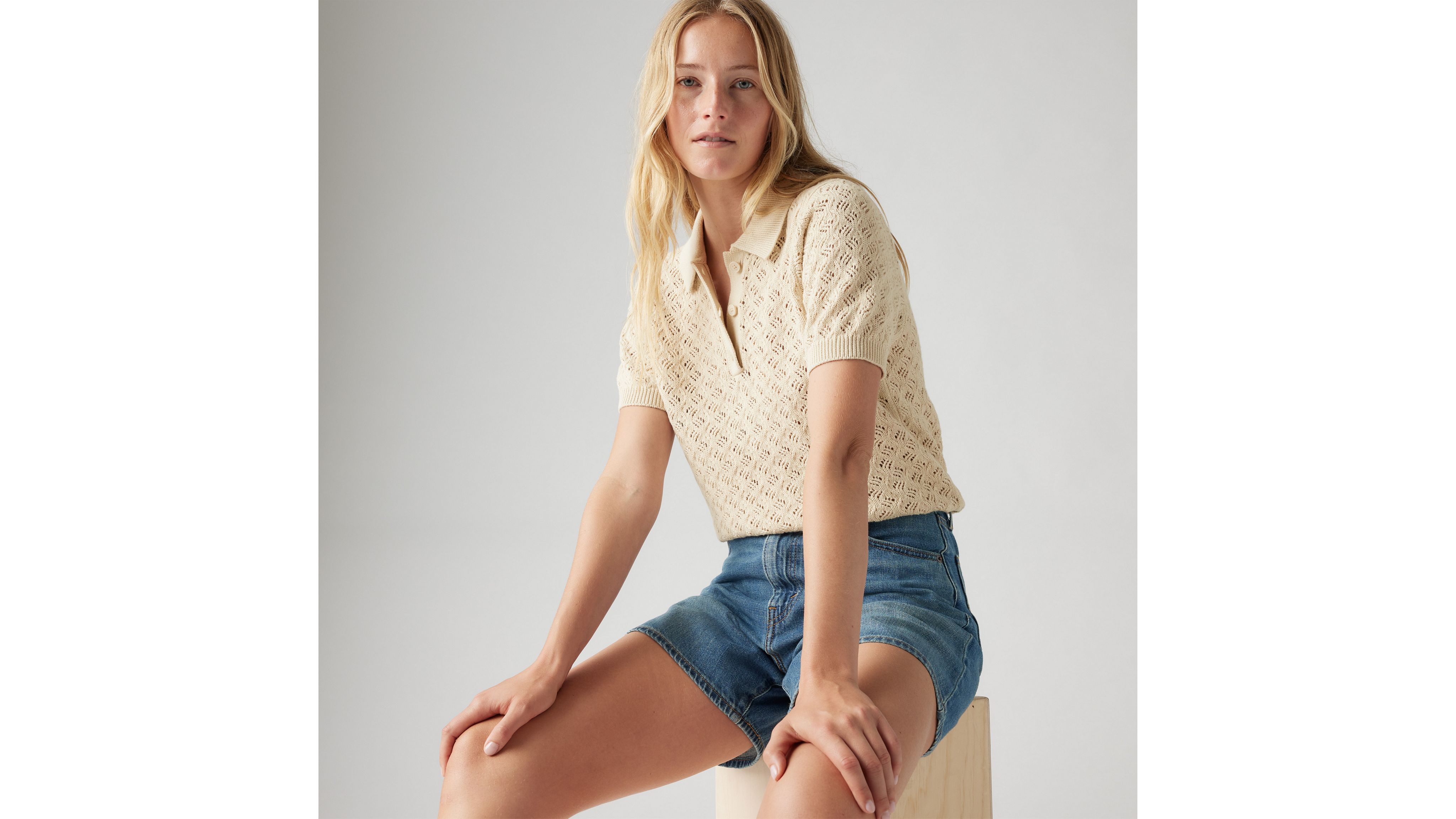 Levi's Lavender Pointelle Polo Sweater In Oatmeal