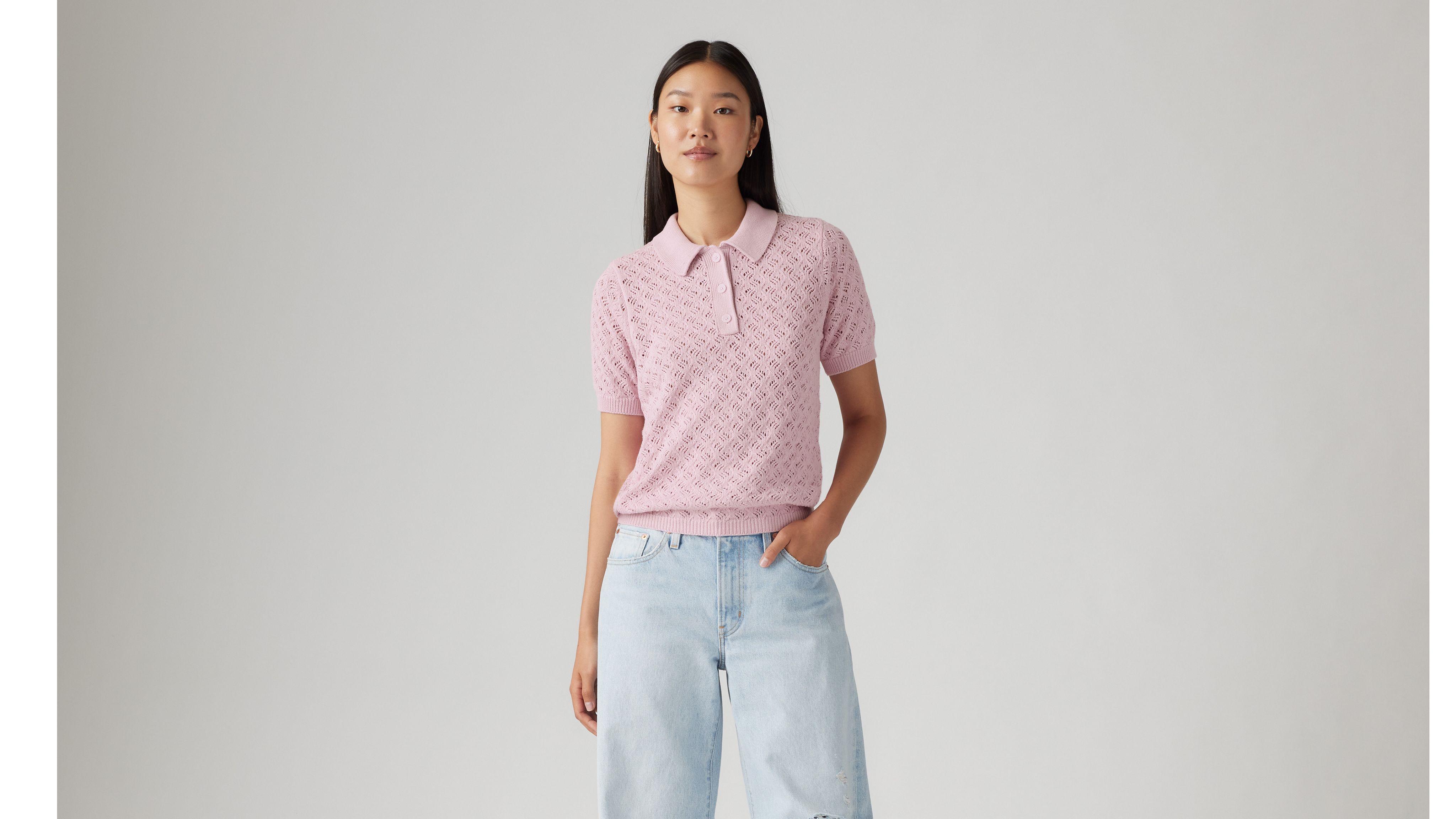 Lavender Pointelle Polo Sweater 2