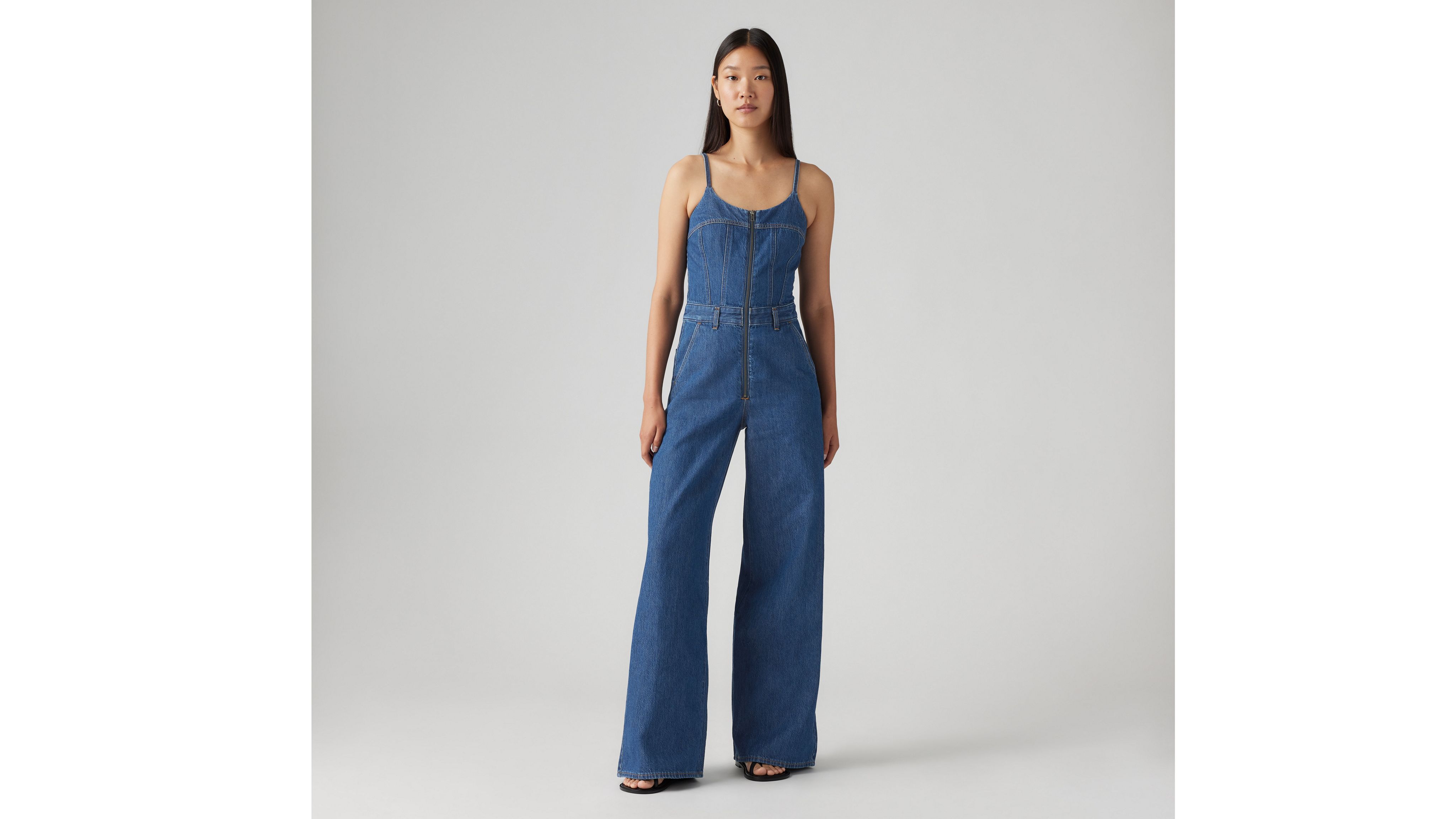 Levi's Bustier Dark Wash Zip-front Wide-leg Jumpsuit In Smashing