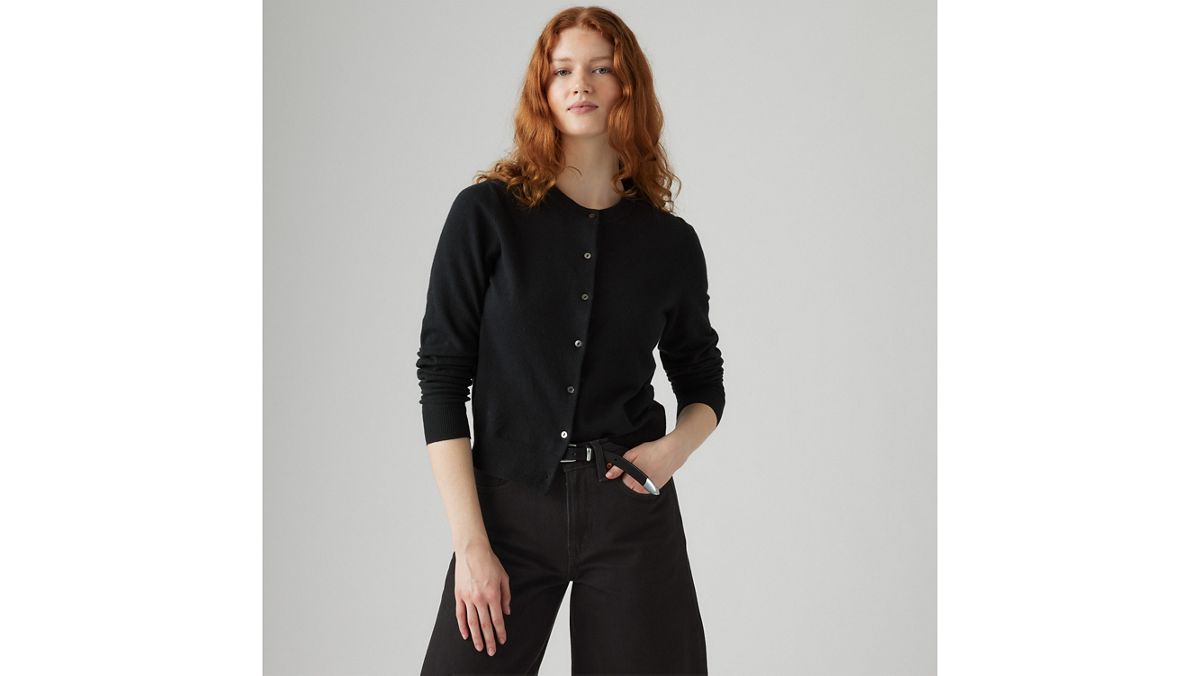 Supersoft Pointelle Crewneck Cardigan — Anthracite Night - Black