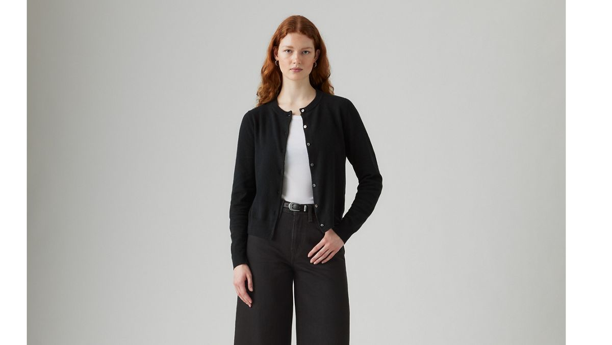 Supersoft Pointelle Crewneck Cardigan — Anthracite Night - Black