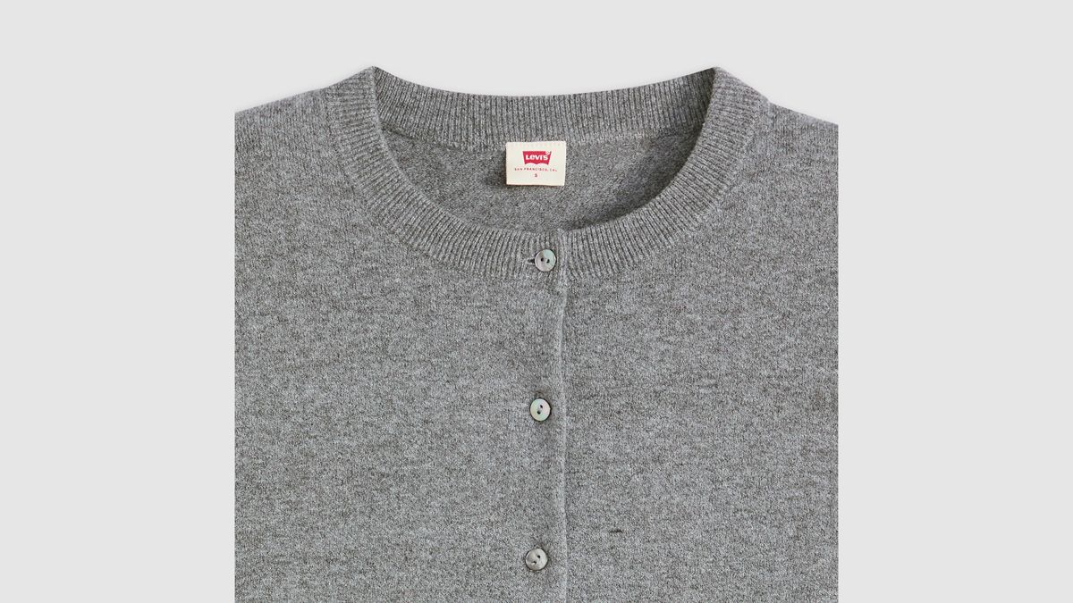 Supersoft Pointelle Crewneck Cardigan — Dark Heather Gray - White