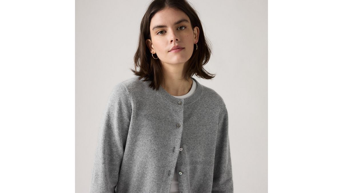 Supersoft Pointelle Crewneck Cardigan — Dark Heather Gray - White