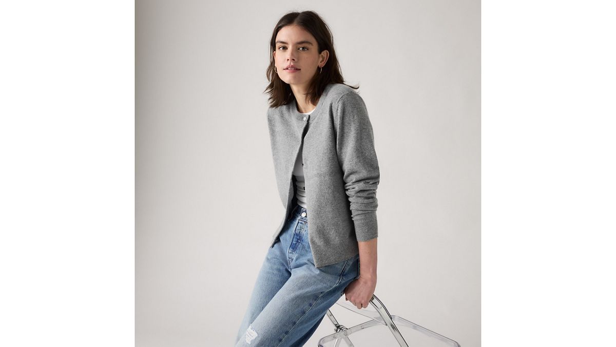 Supersoft Pointelle Crewneck Cardigan — Dark Heather Gray - White