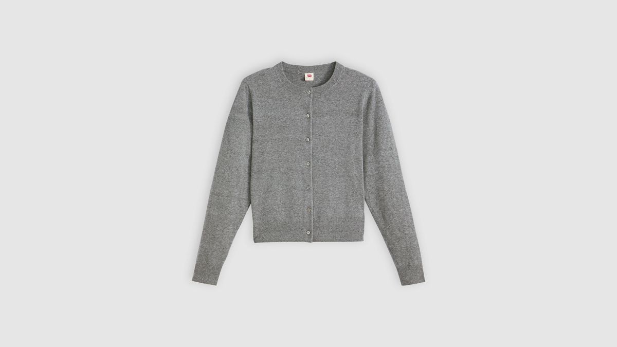 Supersoft Pointelle Crewneck Cardigan — Dark Heather Gray - White