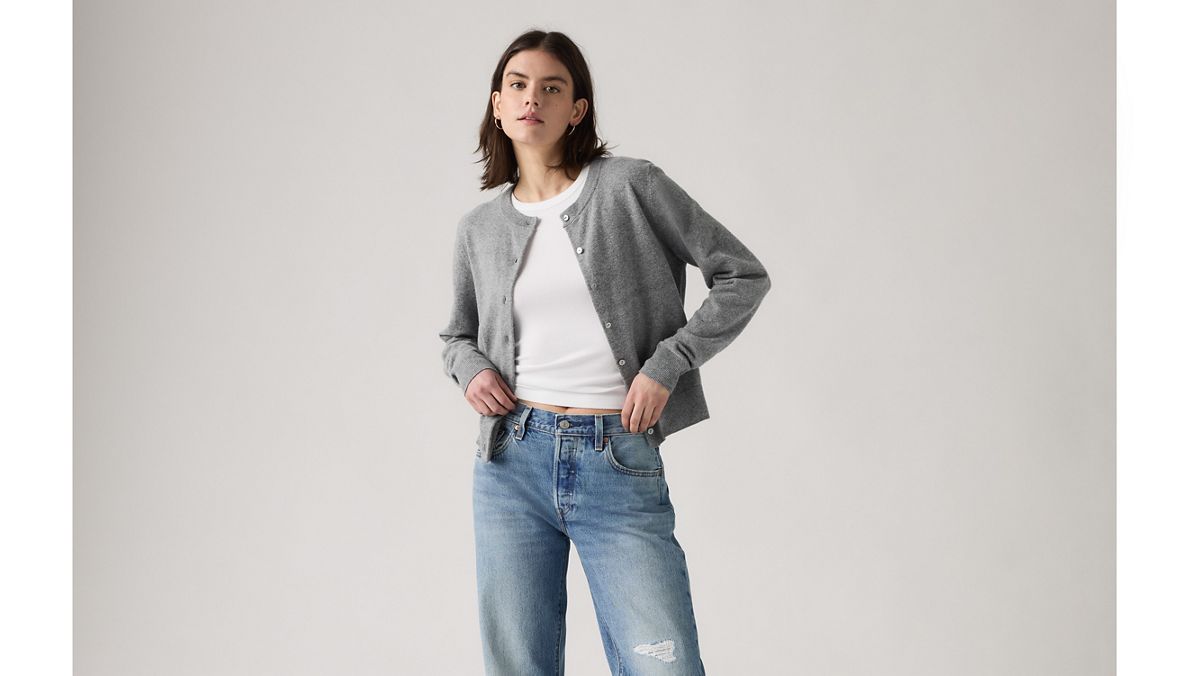 Supersoft Pointelle Crewneck Cardigan — Dark Heather Gray - White