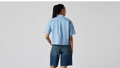 Harlie Short-Sleeve Cropped Button Down Shirt — Brass Organ - Chambray 3