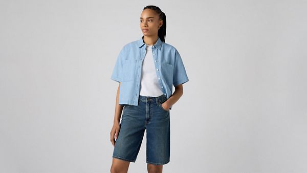 Harlie Short-Sleeve Cropped Button Down Shirt — Brass Organ - Chambray