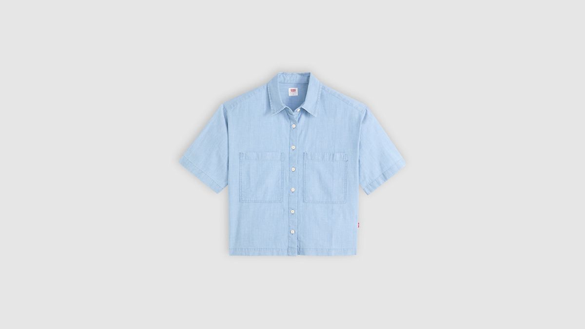 Harlie Short-Sleeve Cropped Button Down Shirt — Brass Organ - Chambray