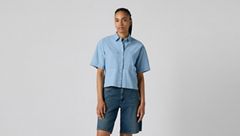 Harlie Short-Sleeve Cropped Button Down Shirt — Brass Organ - Chambray 2