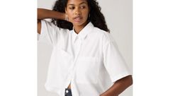 Harlie Short-Sleeve Cropped Button Down Shirt — Bright White - White 4