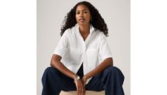 Harlie Short-Sleeve Cropped Button Down Shirt — Bright White - White 1