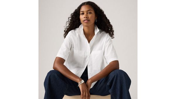 Harlie Short-Sleeve Cropped Button Down Shirt — Bright White - White