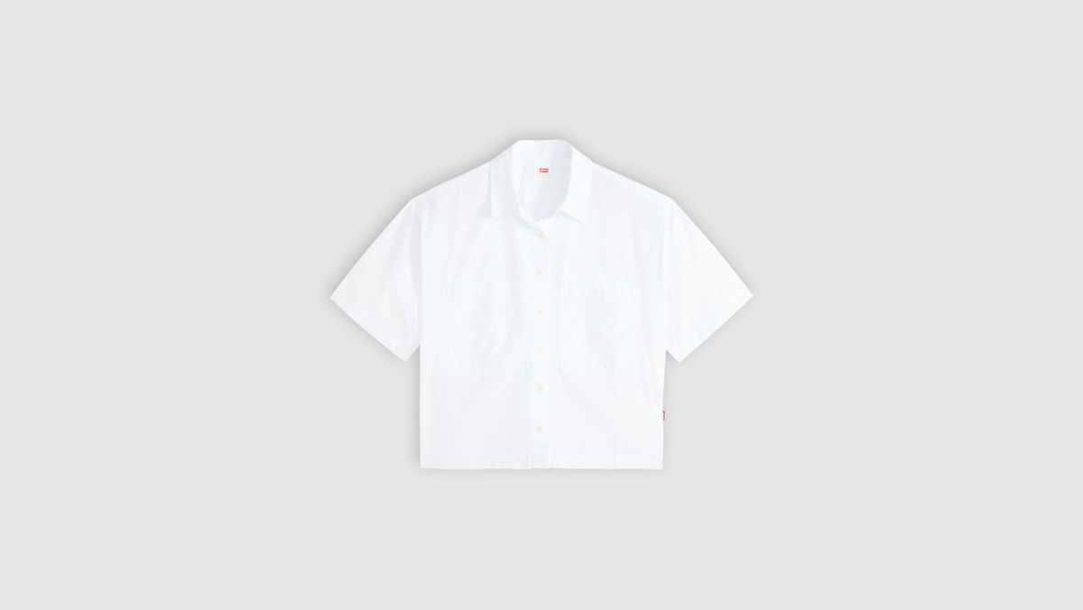 Harlie Short-Sleeve Cropped Button Down Shirt — Bright White - White