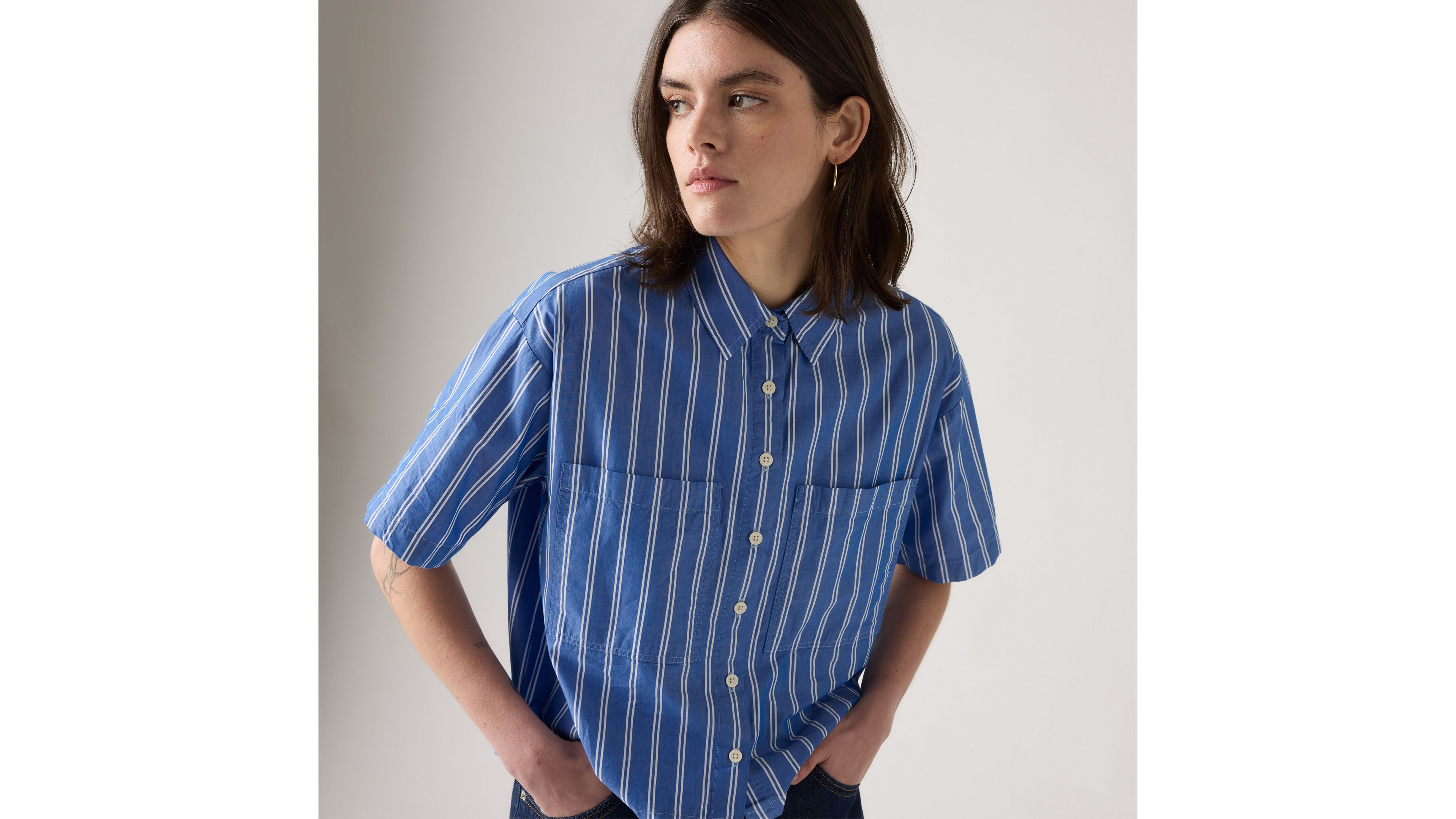 エリカカヴァリーニ ERIKA CAVALLINI 20SS Stripe Shirt ストライプ シャツ ドロップショルダー 長袖 38 ライトブルー 青 P0SJ09 レディー Erika Cavallini Clothing | Shop Online