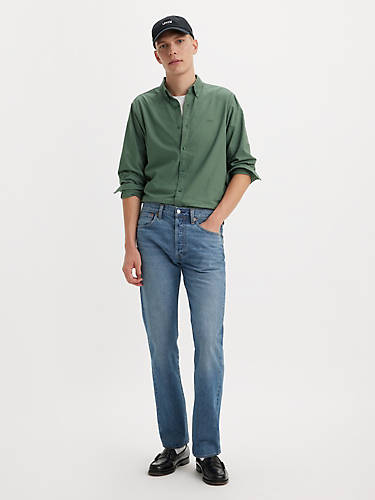 리바이스 Levi 501 Original Fit Selvedge Mens Jeans,Glass Half Full - Medium Wash - Non-Stretch