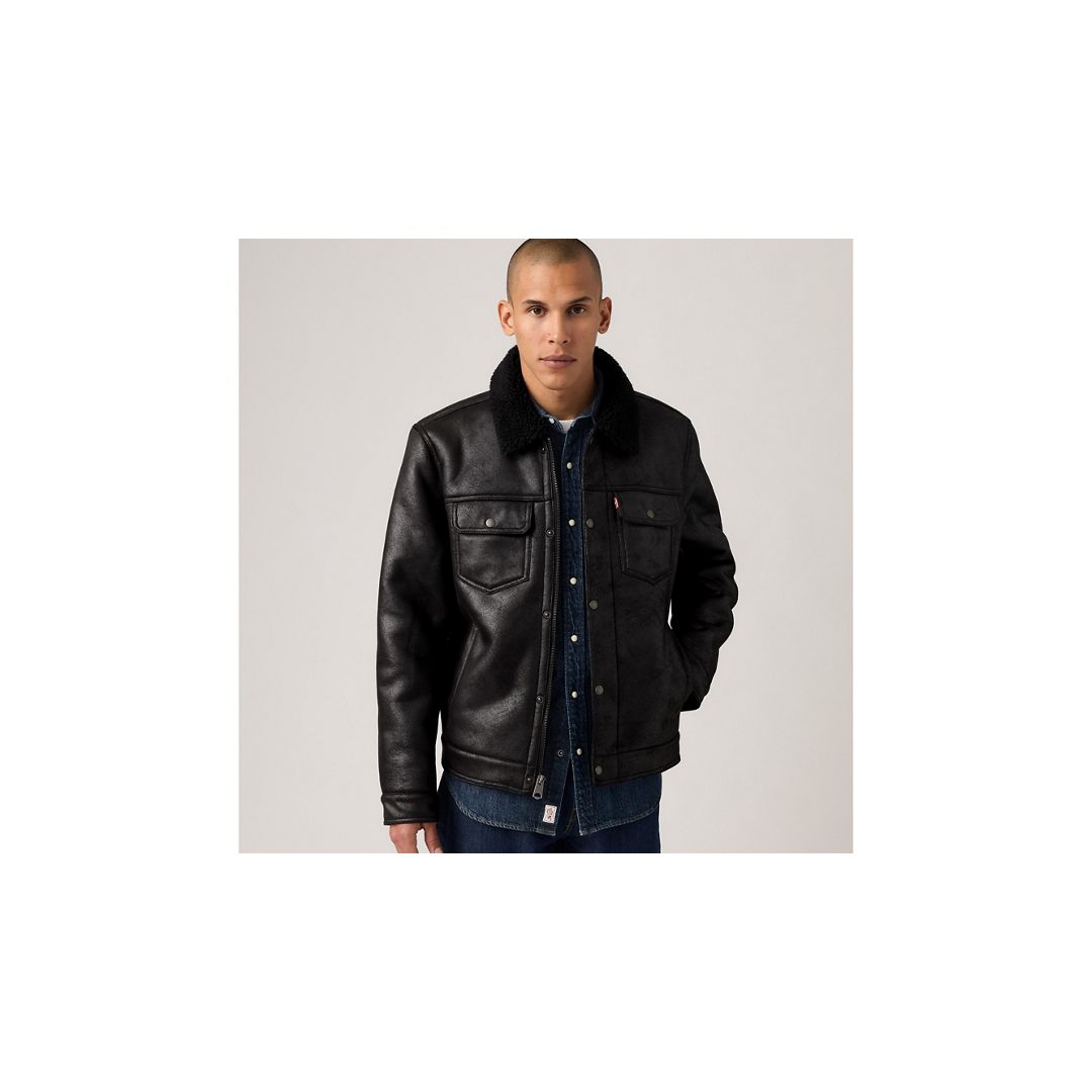 Levi's Two Chest Pocket Faux Shearling Sherpa Collar Jacket In Black