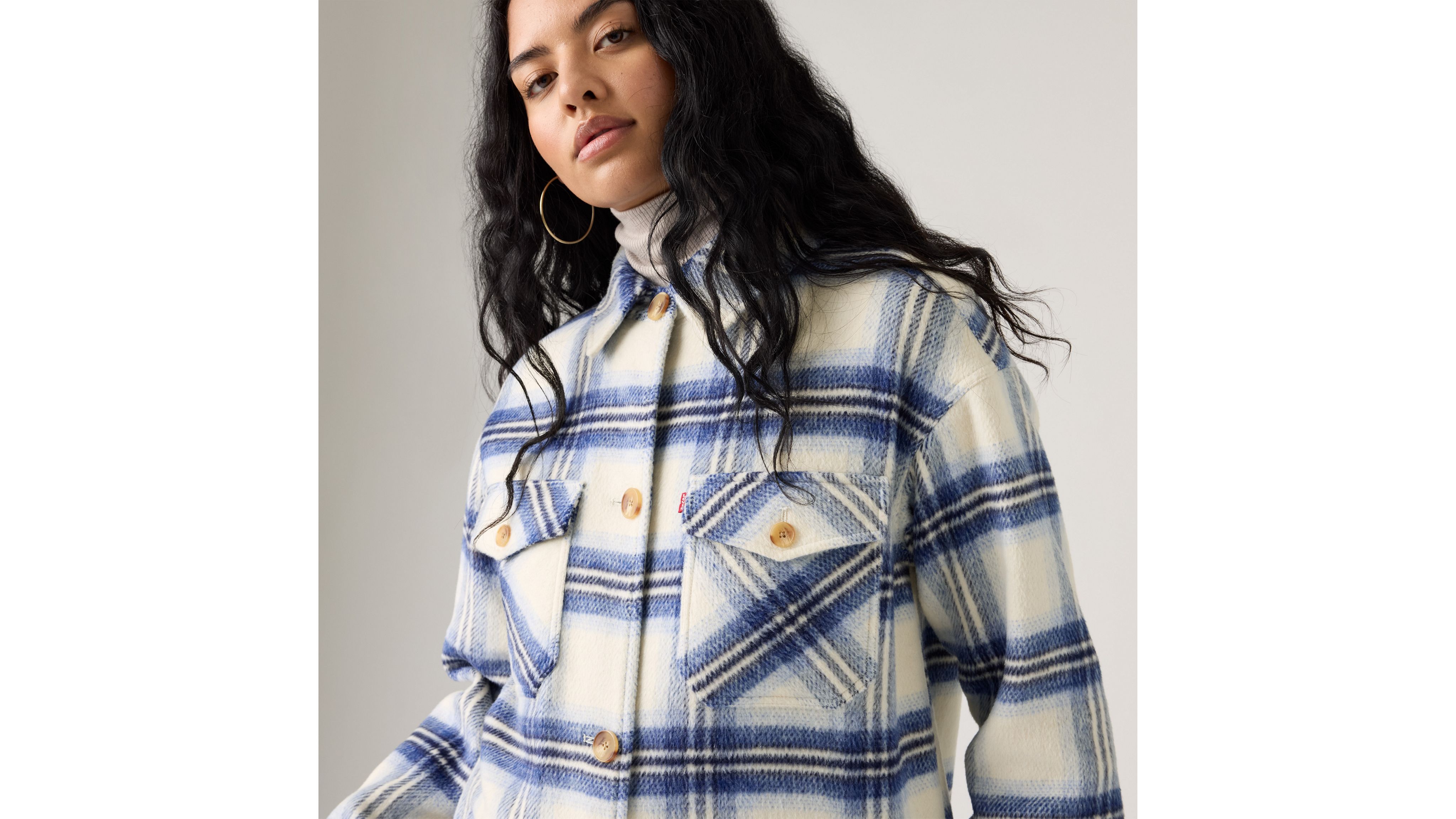 Levi's Long Plaid Shirt Jacket With Interior Quilted Lining In Blue