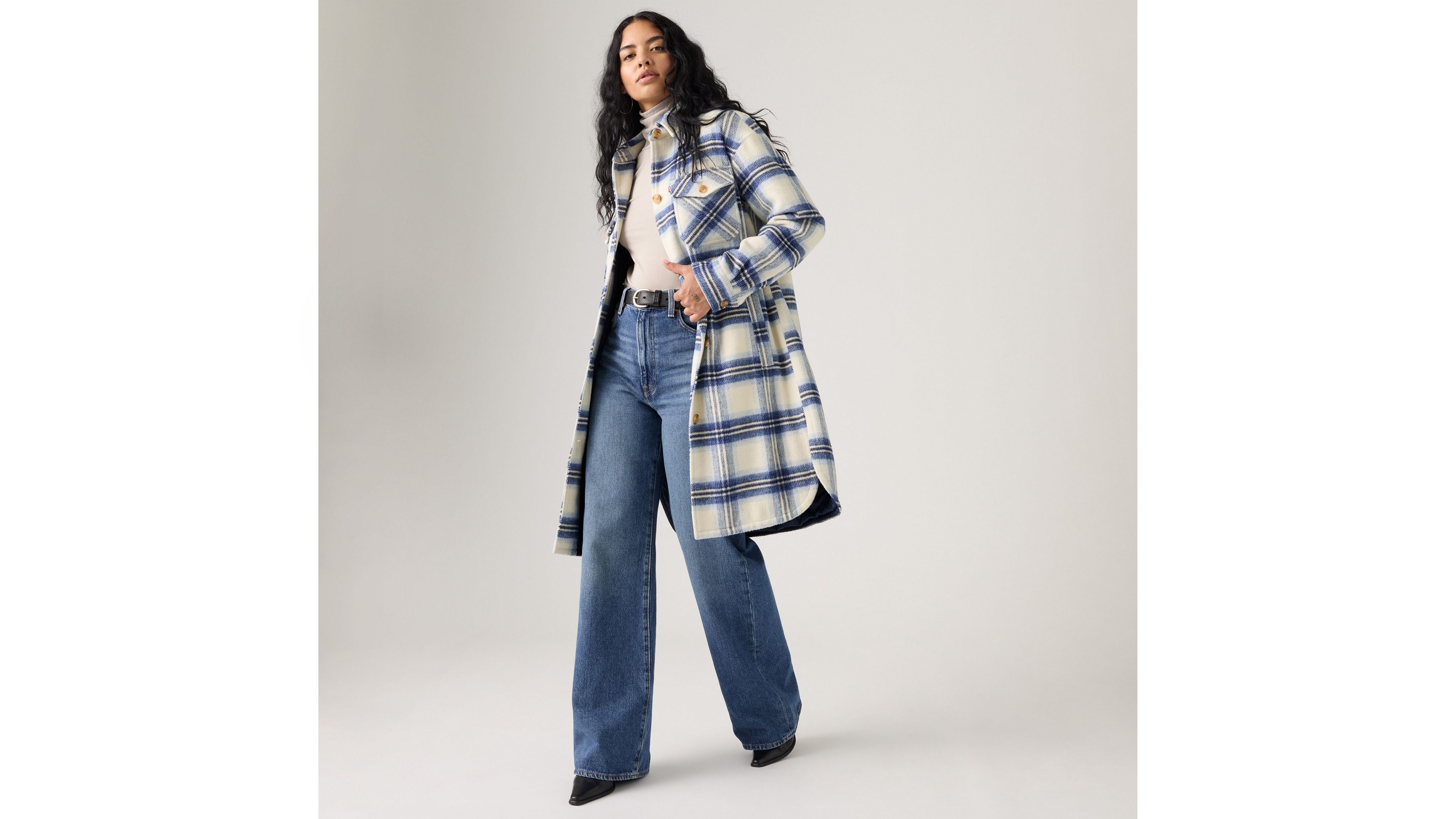 Levi's Long Plaid Shirt Jacket With Interior Quilted Lining In Blue