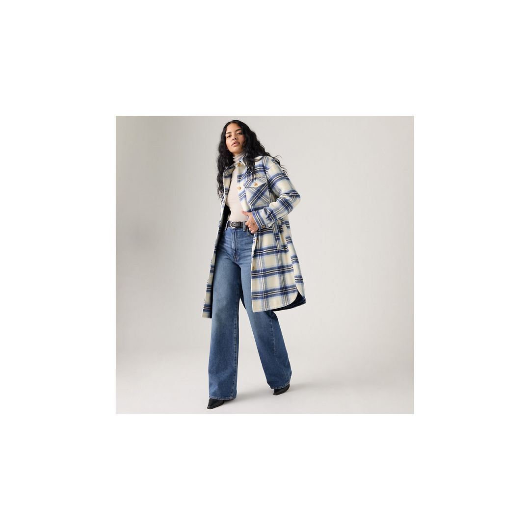 Levi's Long Plaid Shirt Jacket With Interior Quilted Lining In Blue