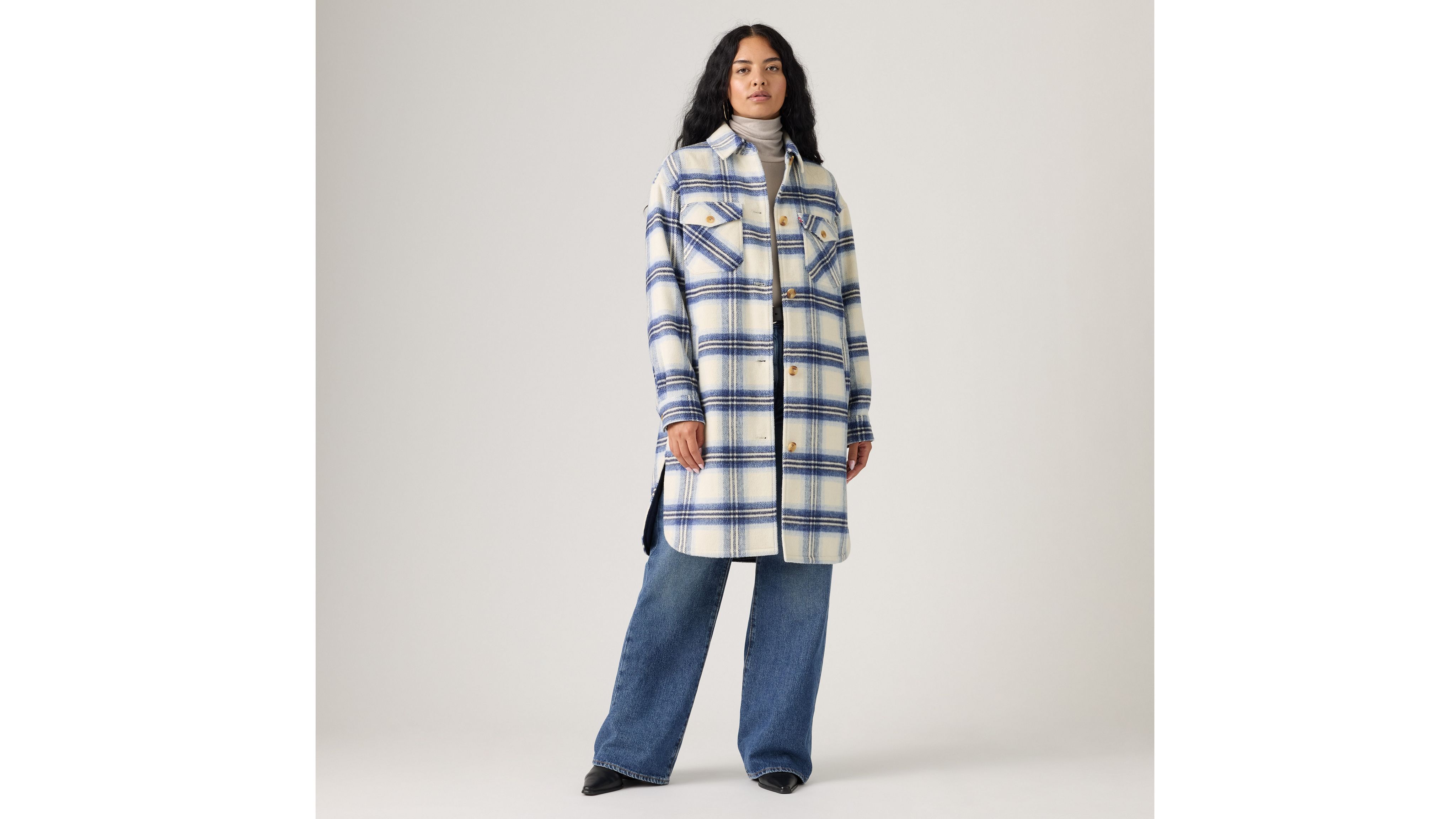 Levi's Long Plaid Shirt Jacket With Interior Quilted Lining In Blue