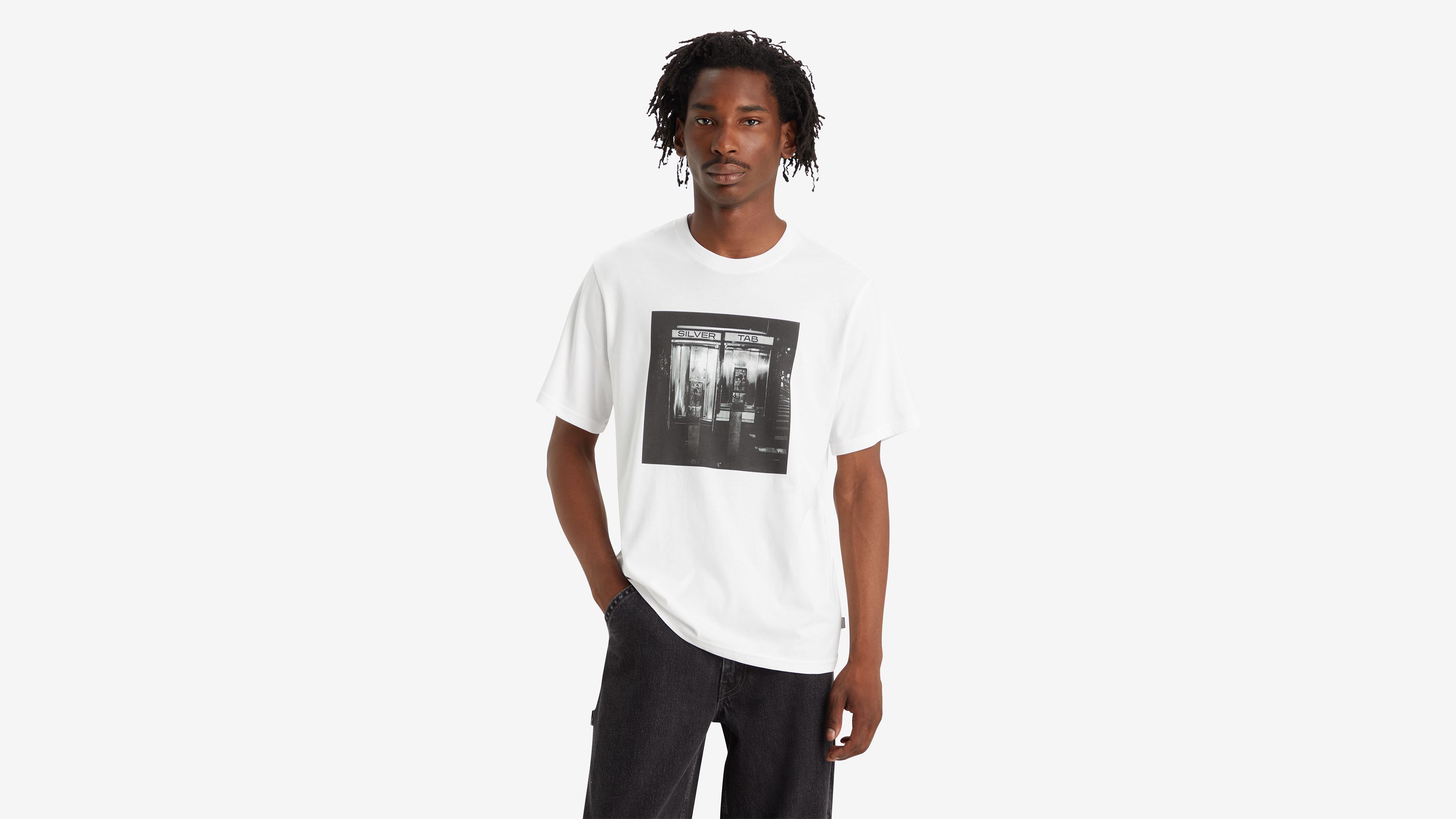 white black and grey graphic tee