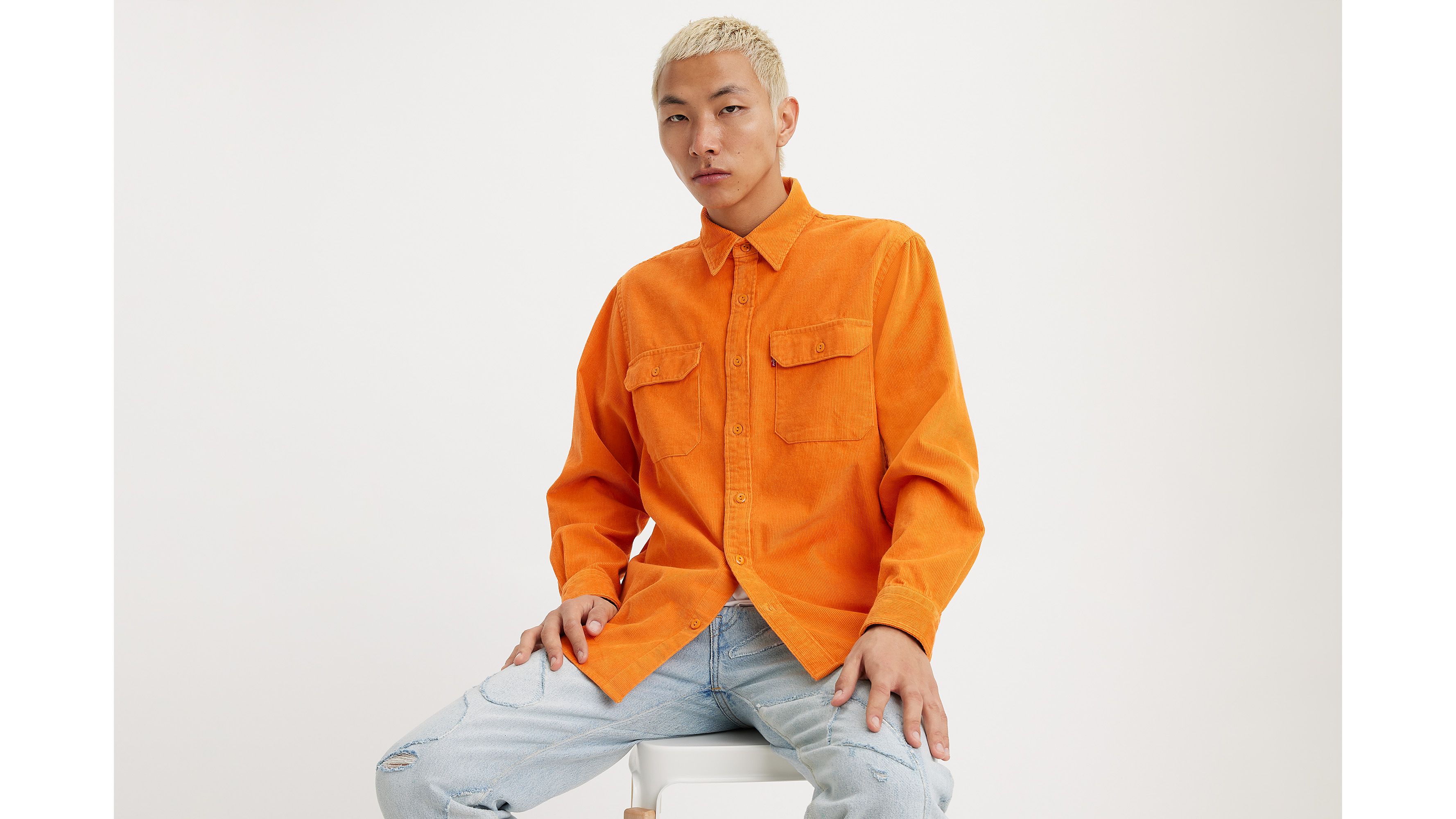 50s corduroy shirt サーモンピンク　オレンジ　ウエスタン sold '75 Levi's 70721 corduroy western shirt Size: boy's 14 肩幅