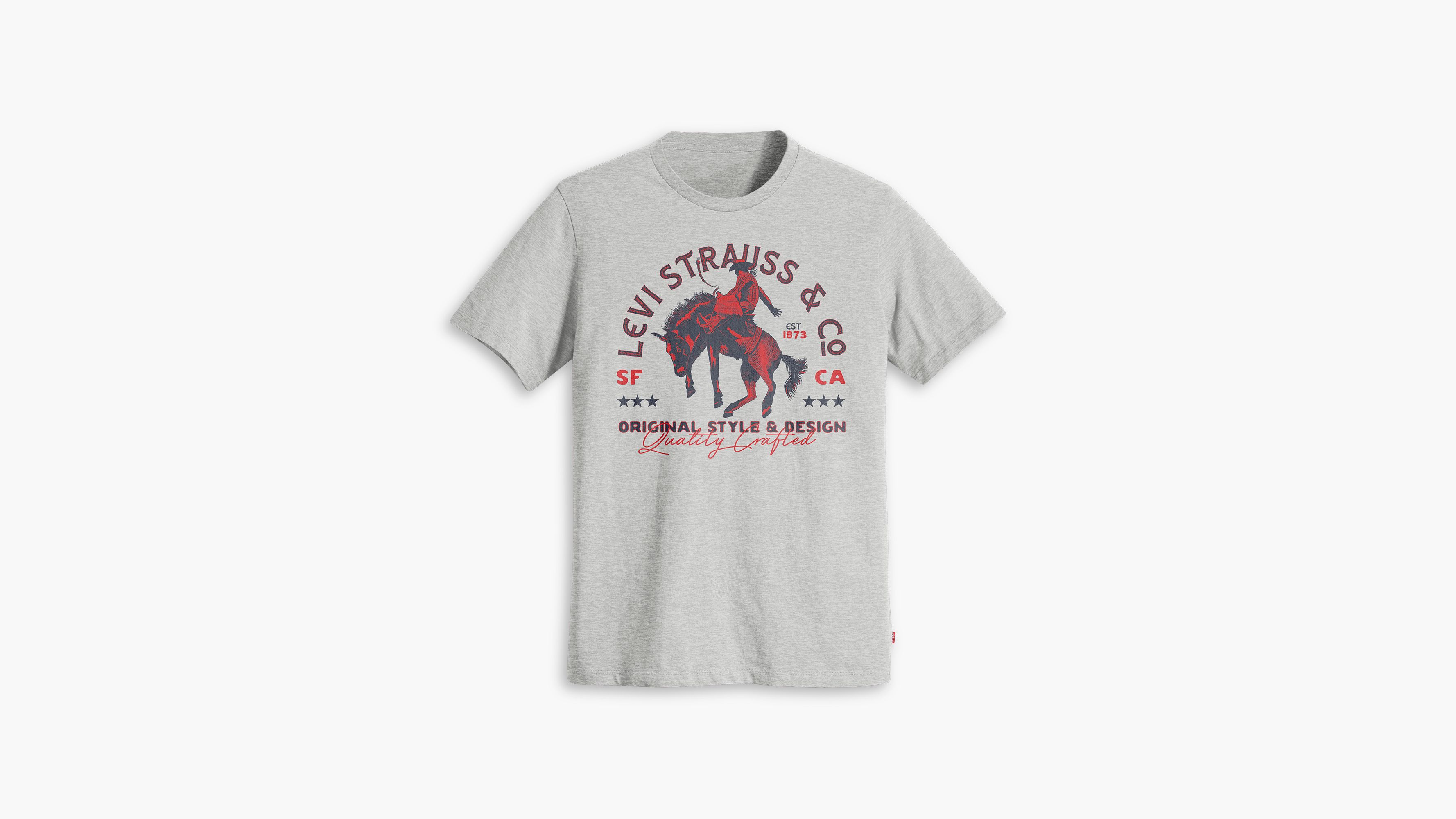 red white and grey graphic tee