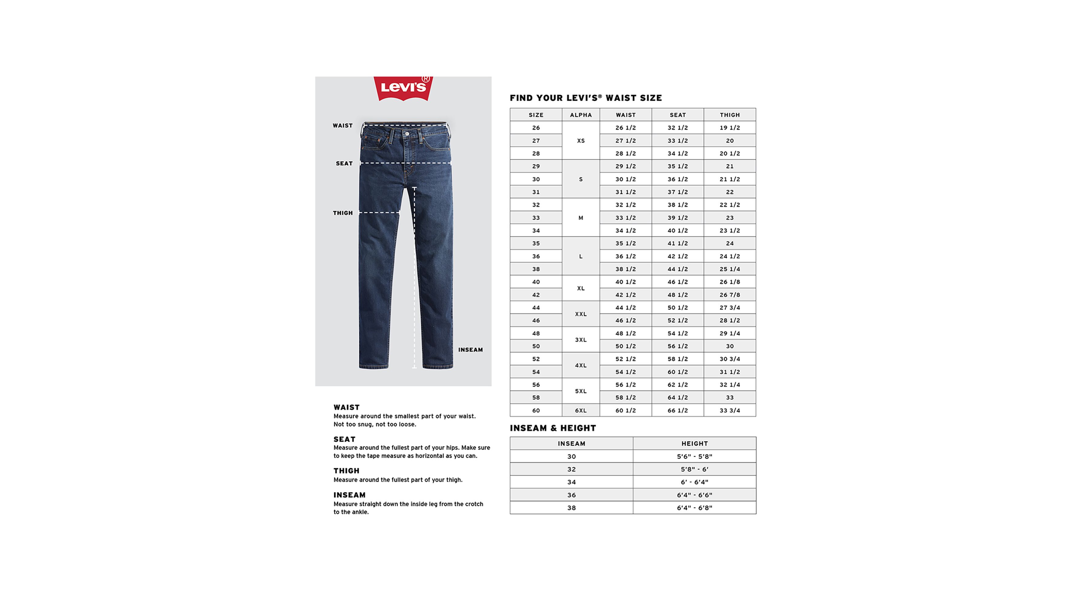 Denizen levi s hotsell size chart