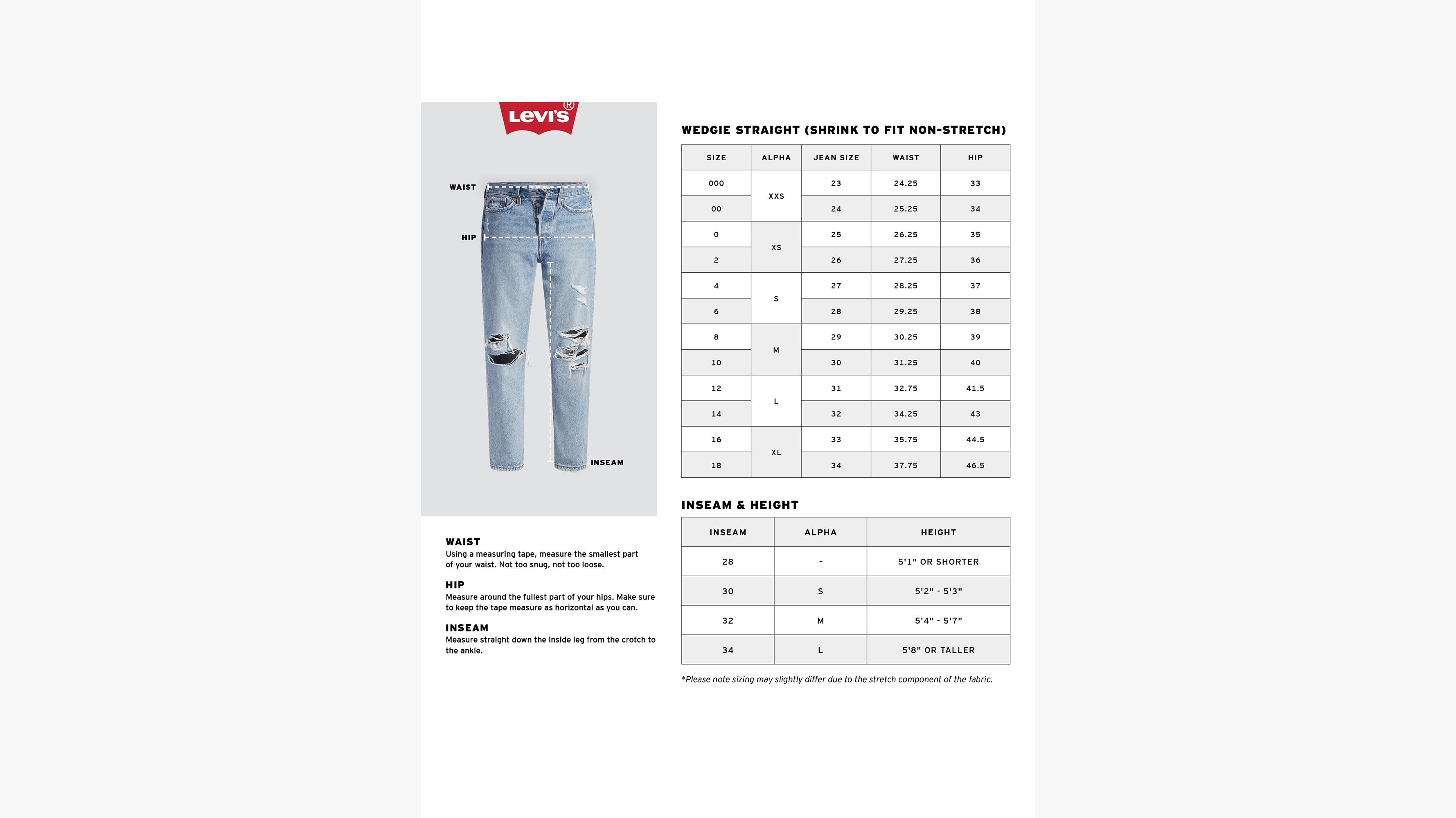 Levis denim shop size chart