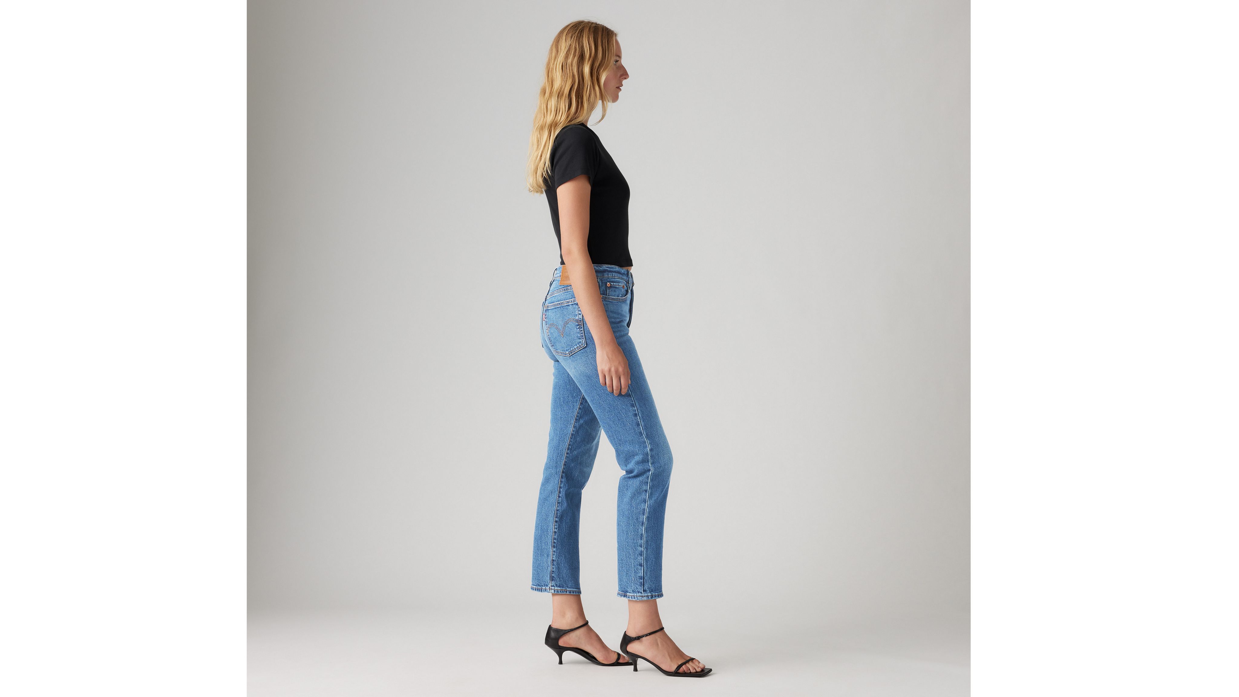 Wedgie Straight Medium Wash High-Rise Distressed Cropped Jeans