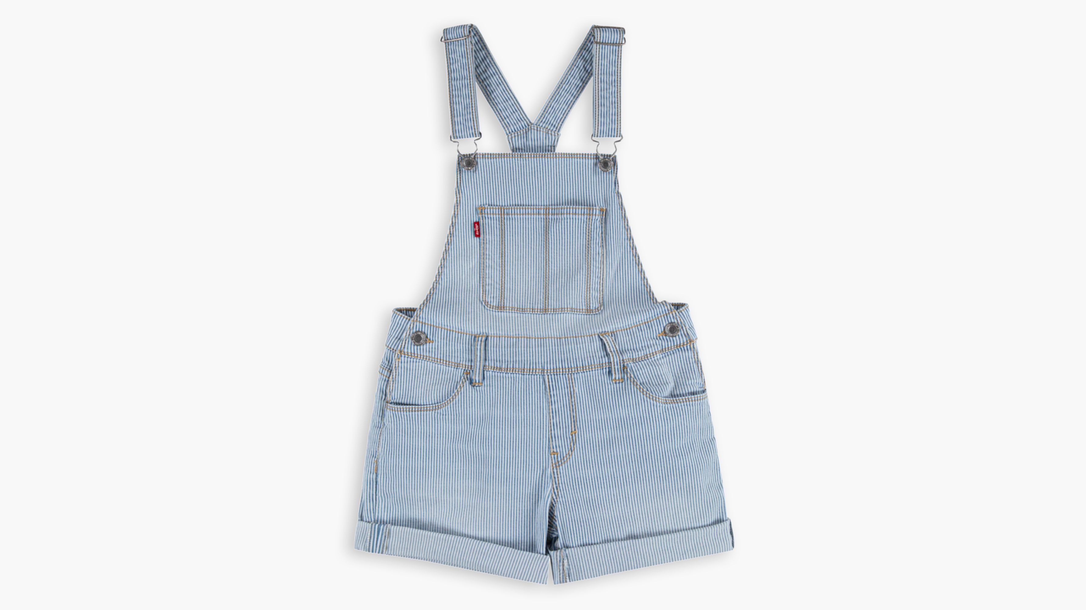 BARNS OUTFITTERS LIGNEL CHECK SH L ブルー Railroad Stripe Big Girls Shortalls 7-16 - Light Wash