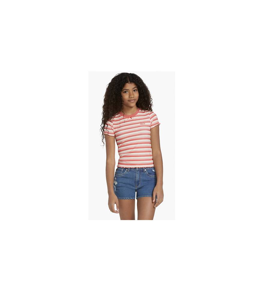 Striped Ribbed Crewneck Shirt Big Girls S-xl - Pink