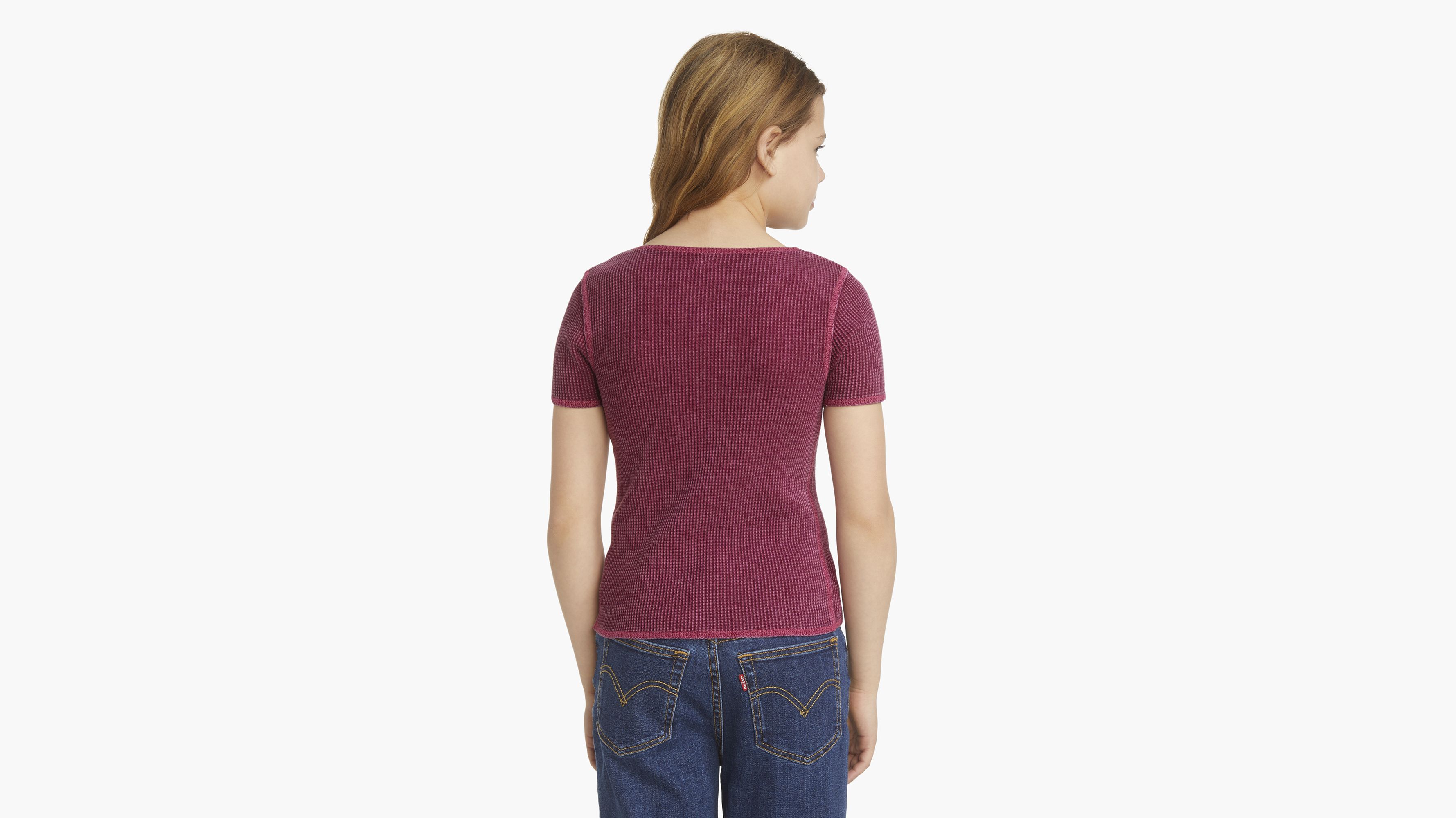 Waffle Notch Neck Top Big Girls 7-16 3