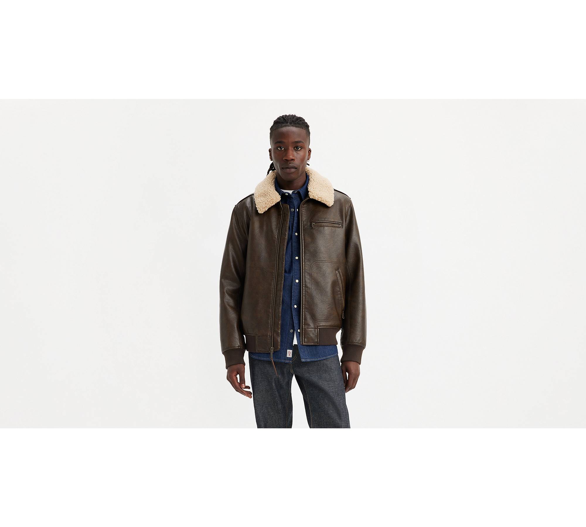 Aviator Bomber Jacket With Sherpa Collar - Brown