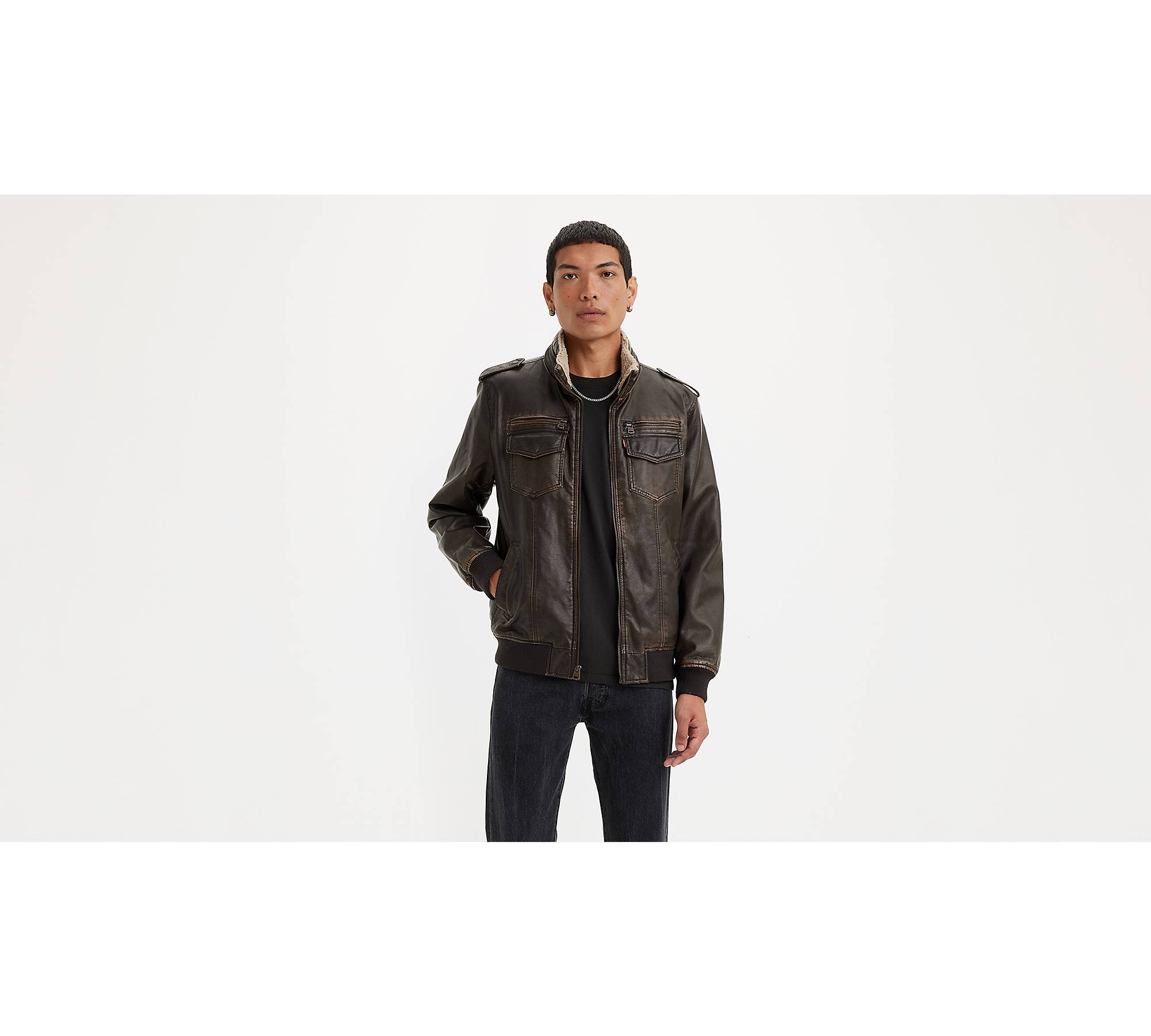 Faux Leather Sherpa Bomber Jacket - Black