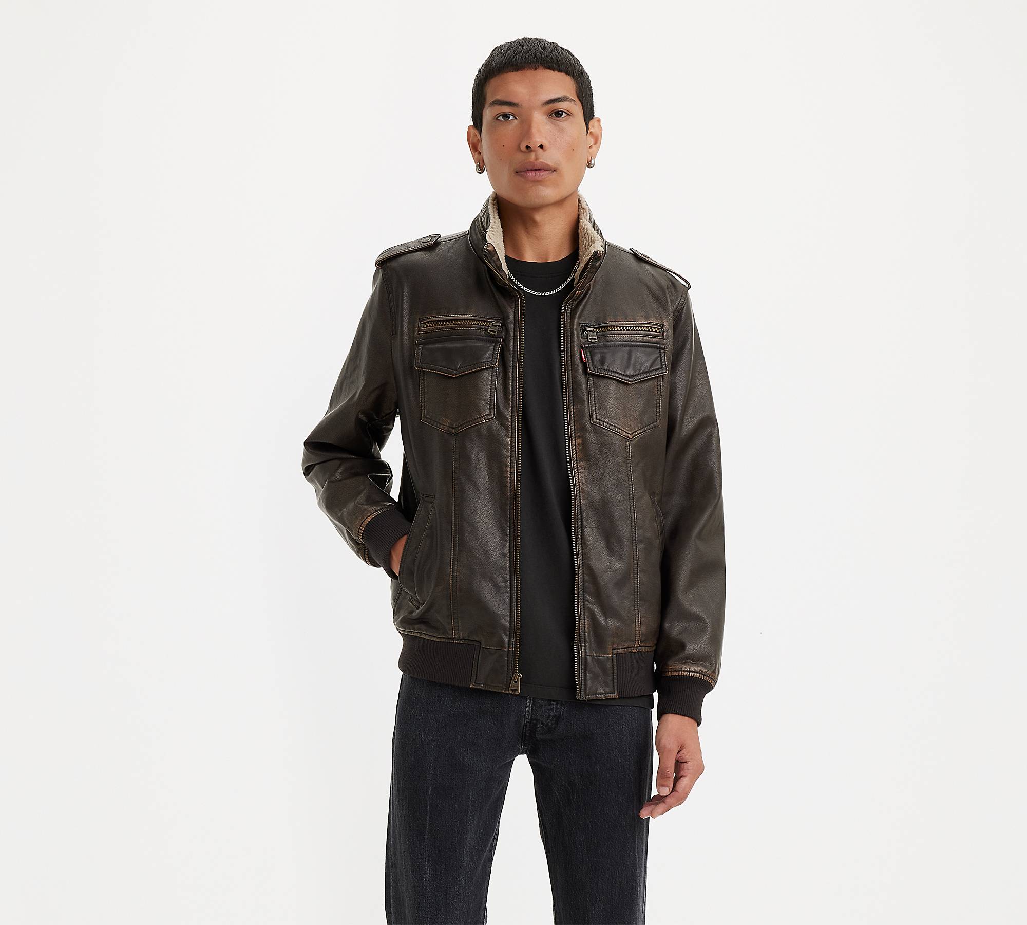 Faux Leather Sherpa Bomber Jacket 1