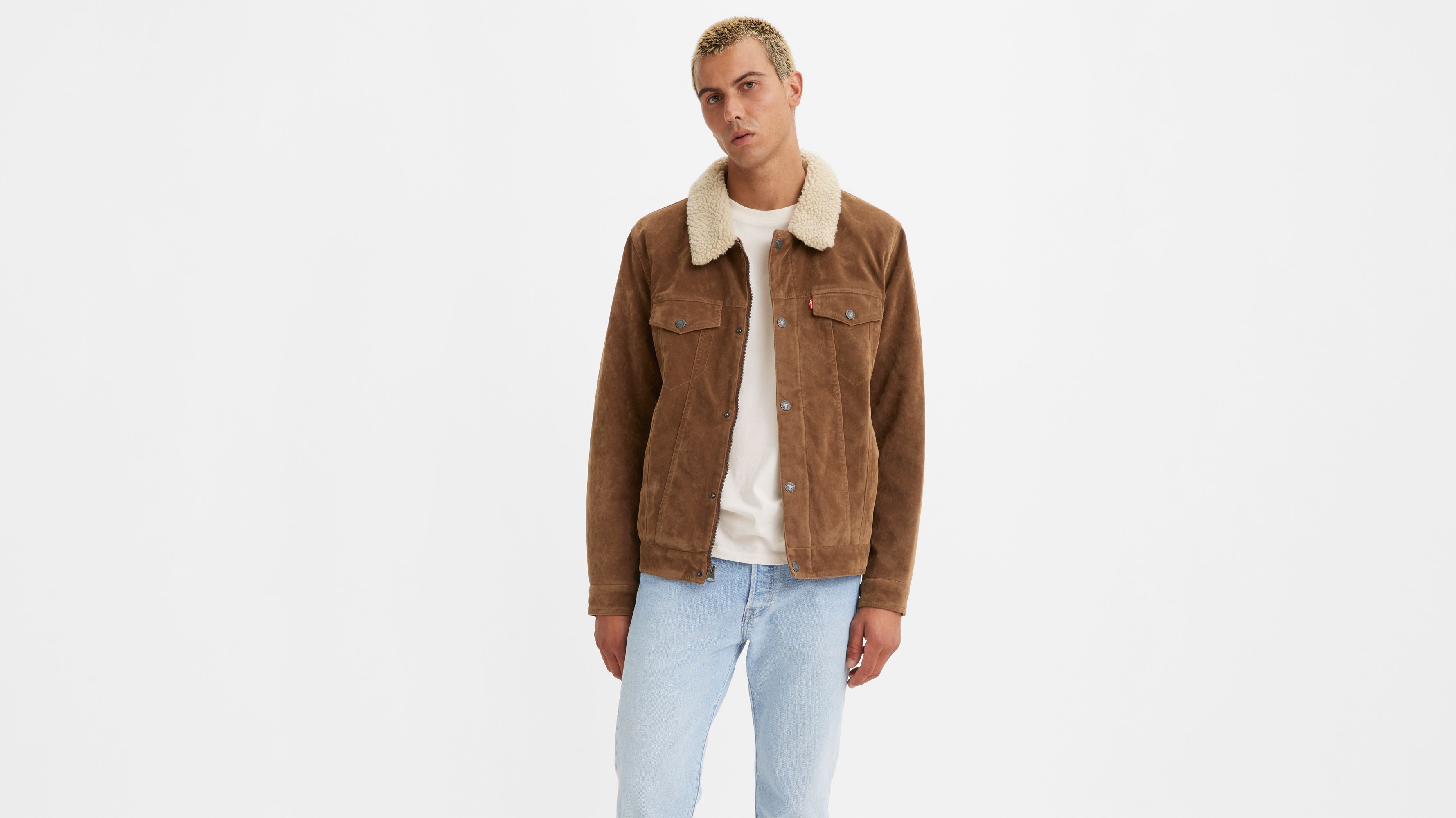 Pull&Bear faux suede trucker jacket with teddy lining in brown
