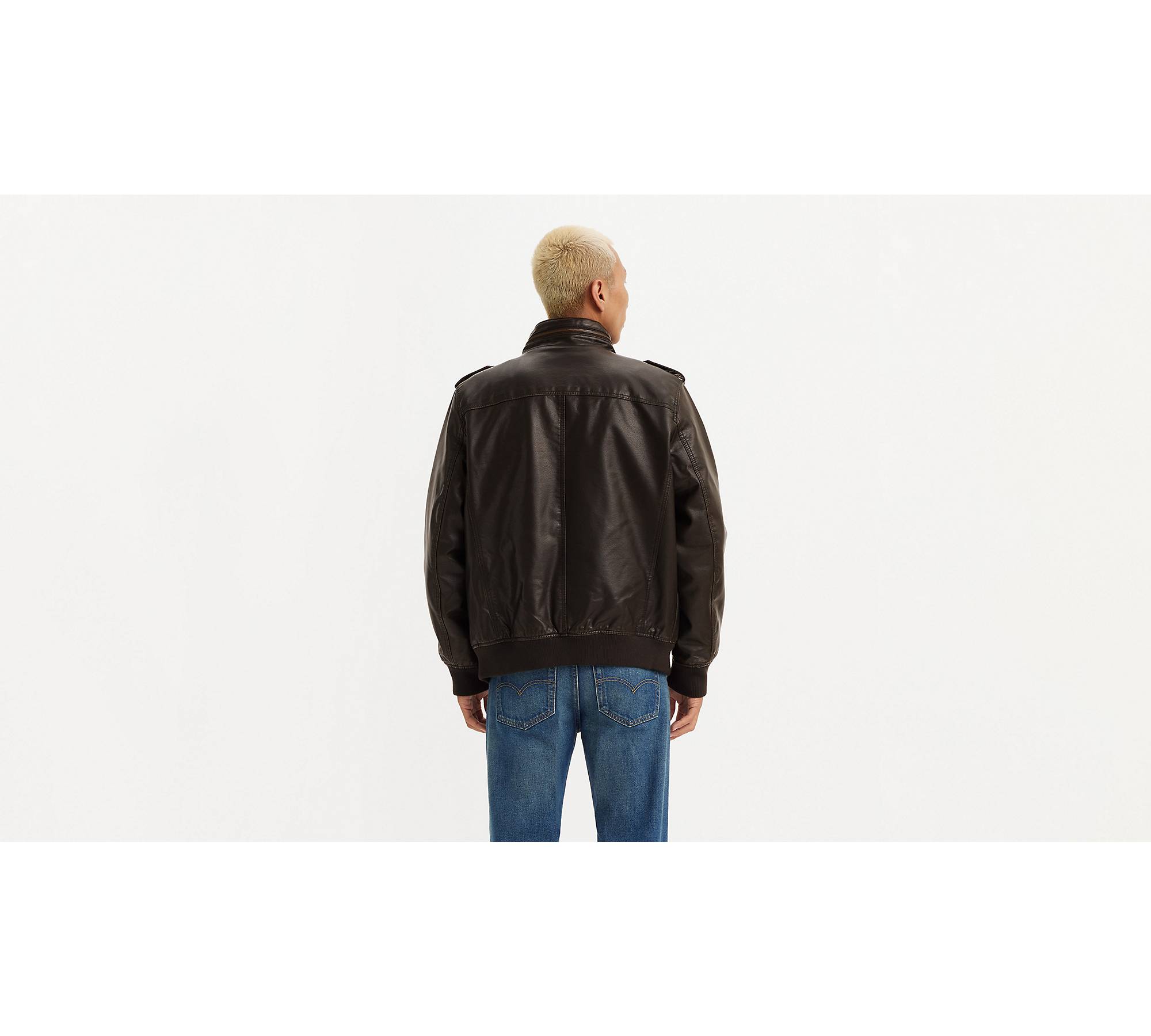 Faux Leather Aviator Bomber Jacket - Brown