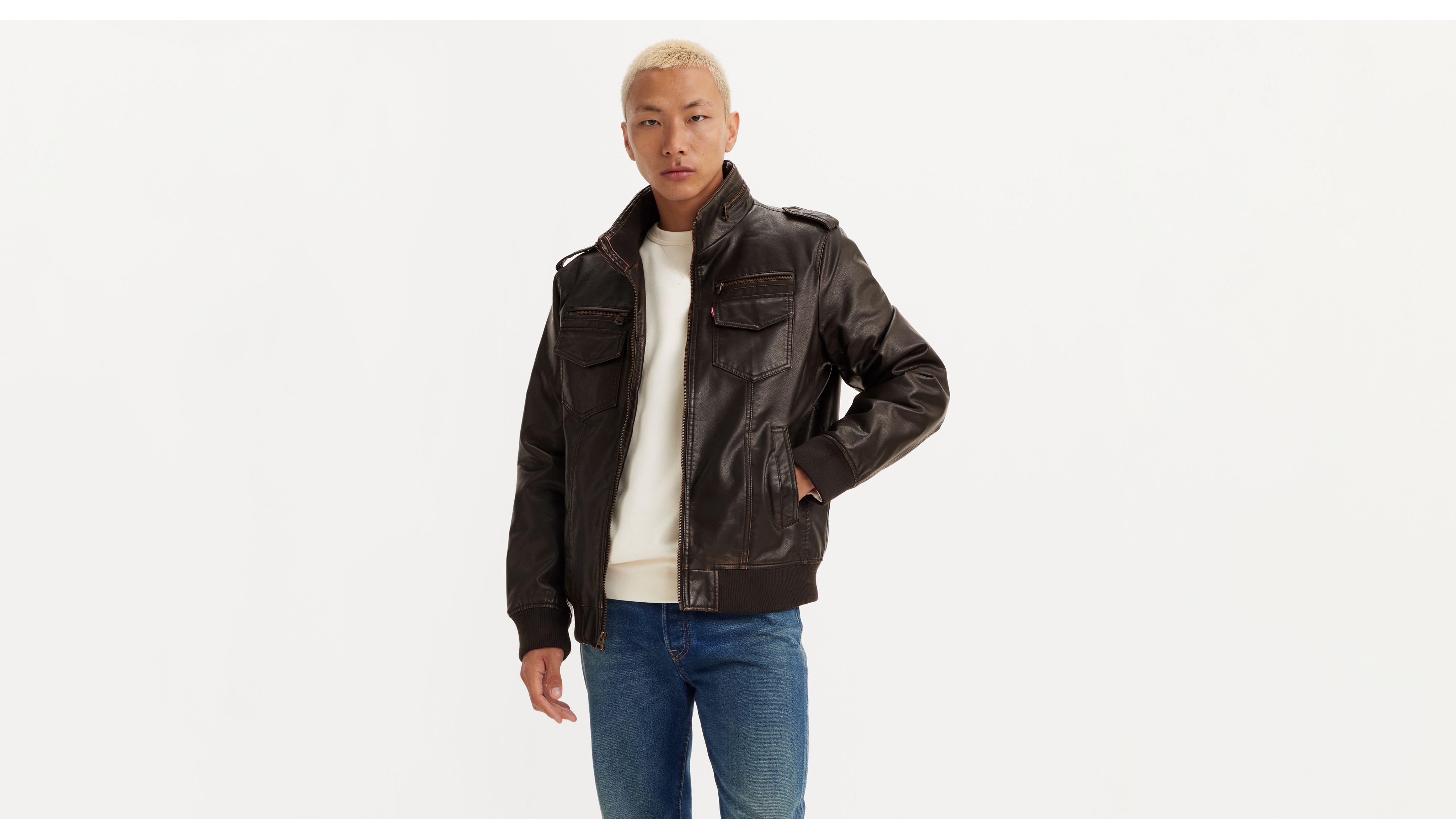 Levi's Mens Faux Leather Aviator Bomber Jacket - Brown - Small