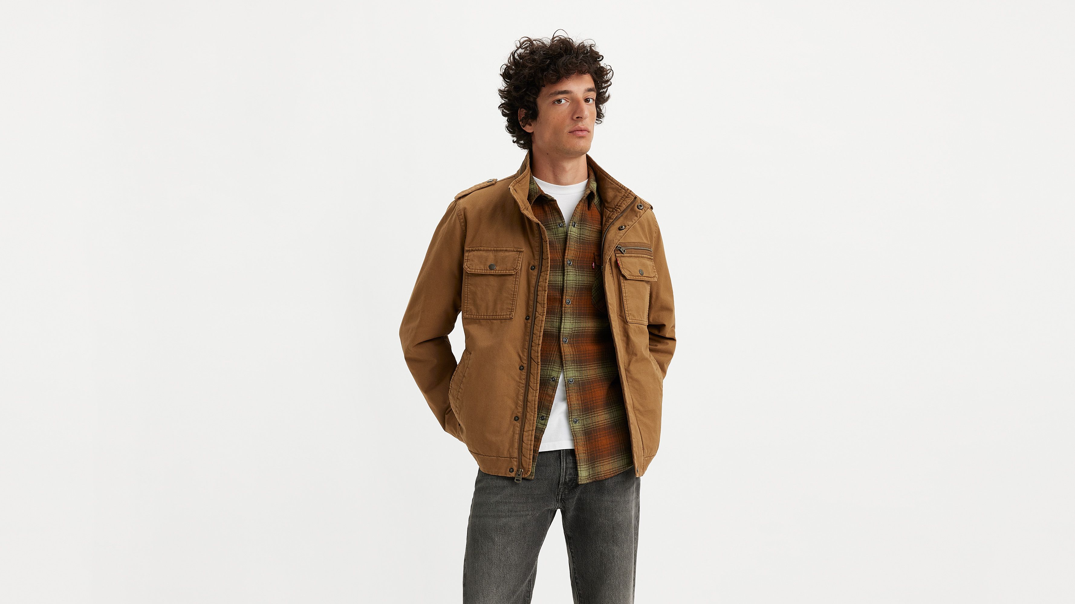 Levi's Men's Washed Cotton Military Jacket, Worker Brown, Large