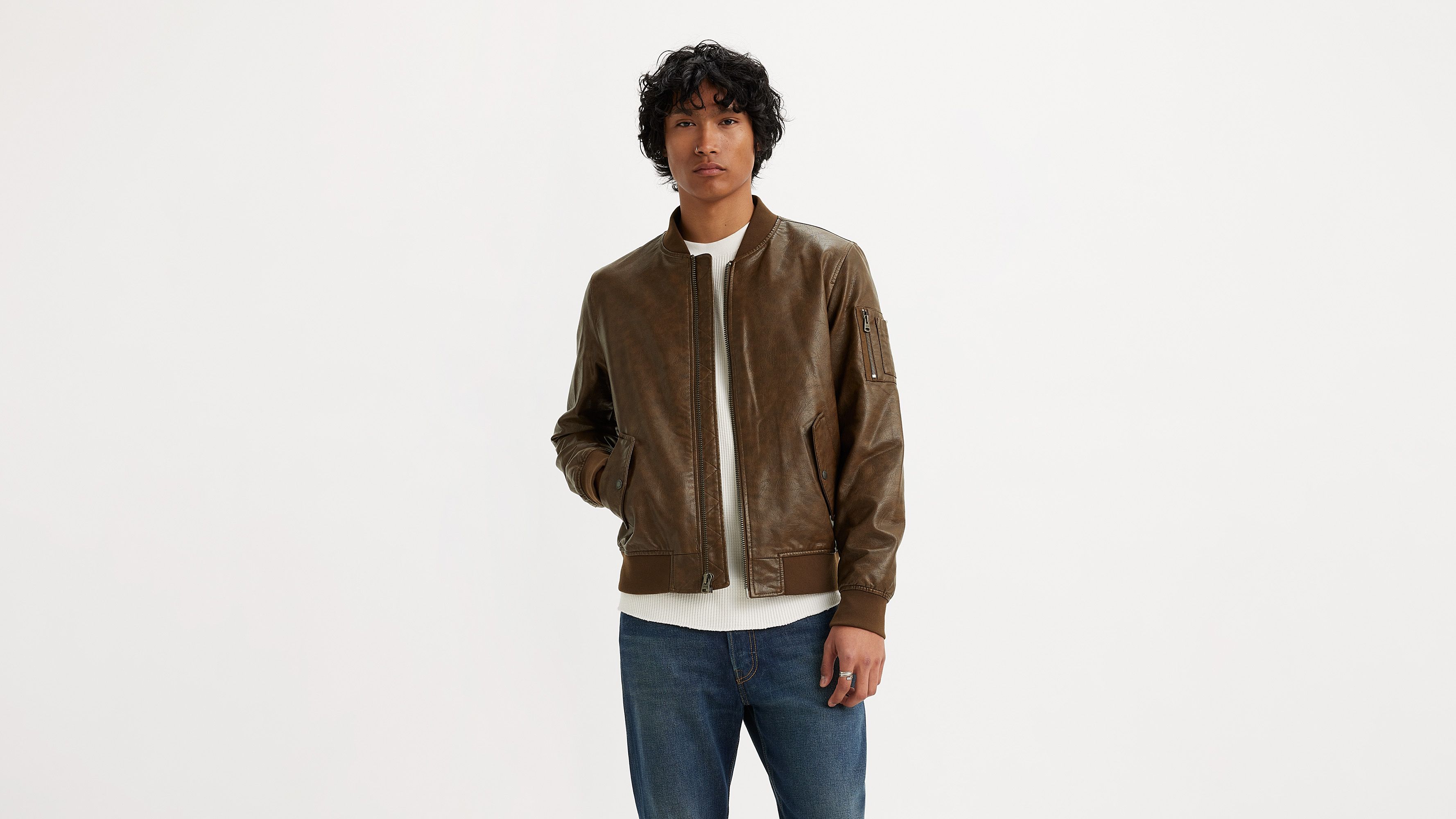 Faux Leather Varsity Bomber Jacket - Brown