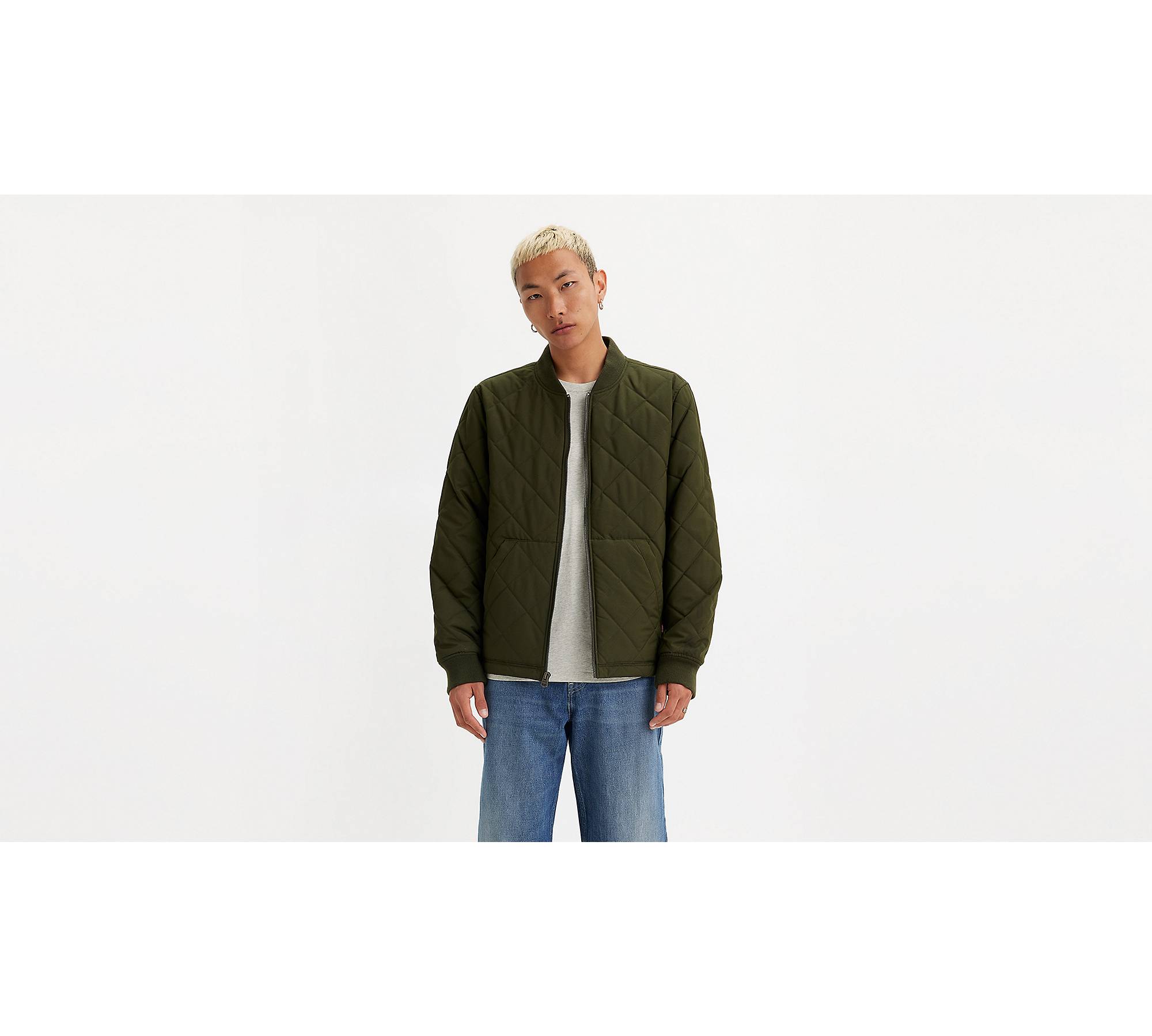 Diamond Quilted Bomber Jacket - Green