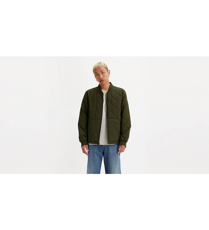 Diamond Quilted Bomber Jacket - Green
