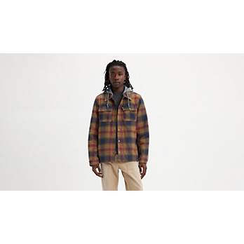 Cotton Plaid Sherpa Lined Fleece Hoodie Jacket 1
