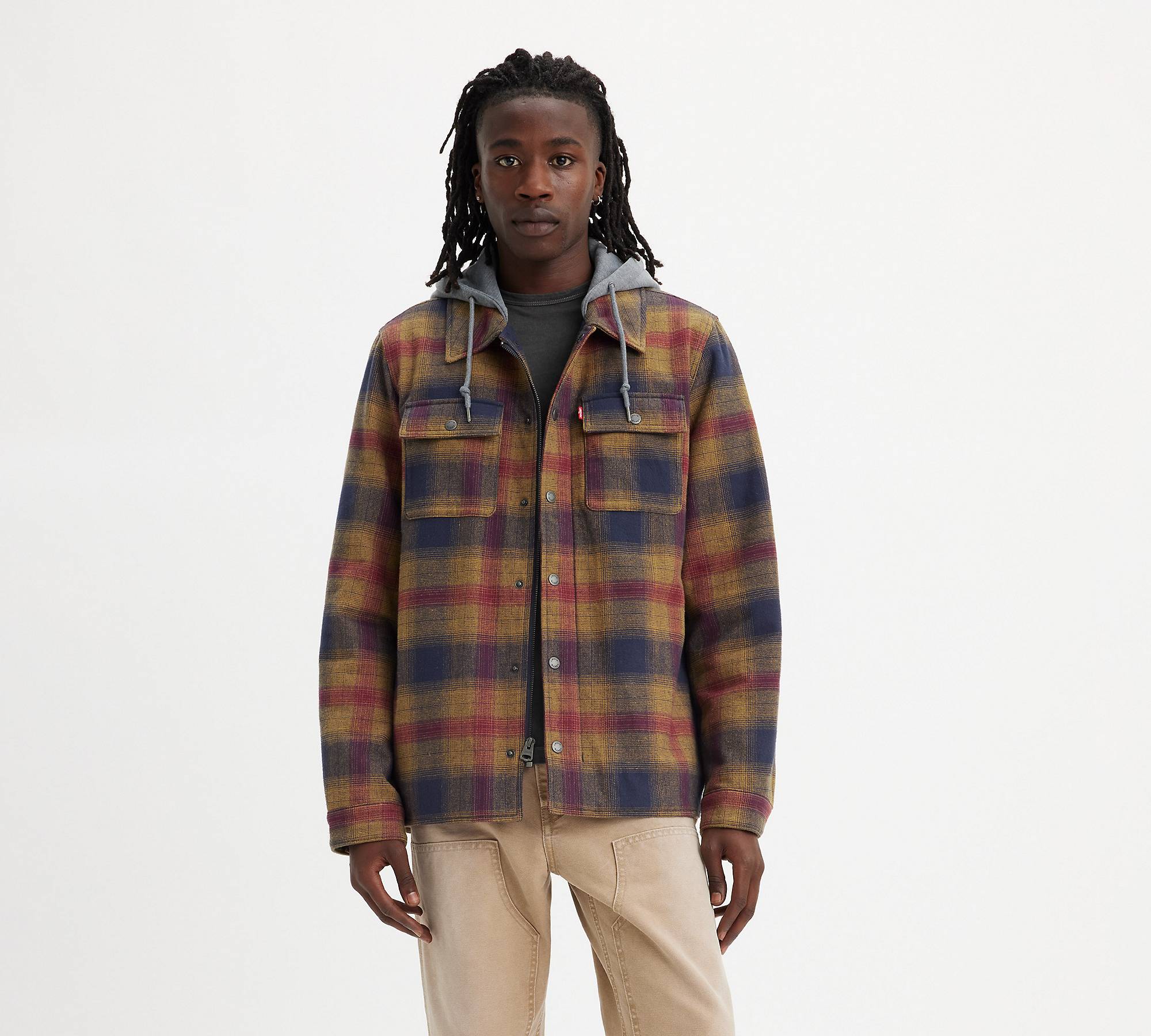 Cotton Plaid Sherpa Lined Fleece Hoodie Jacket - Multi-color