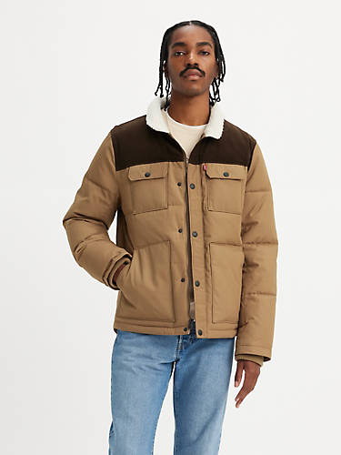 리바이스 Levi Mixed Media Woodsman Puffer Jacket,Tan and Dark Brown - Multi-Color