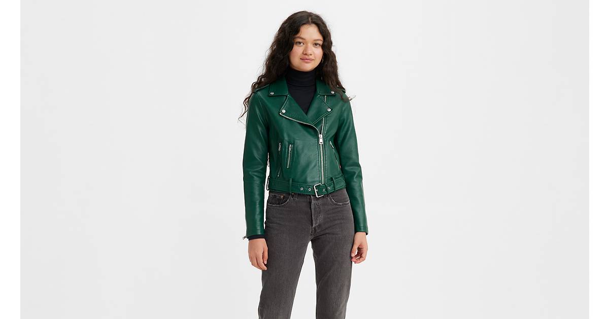 Belted Faux Leather Moto Jacket - Green