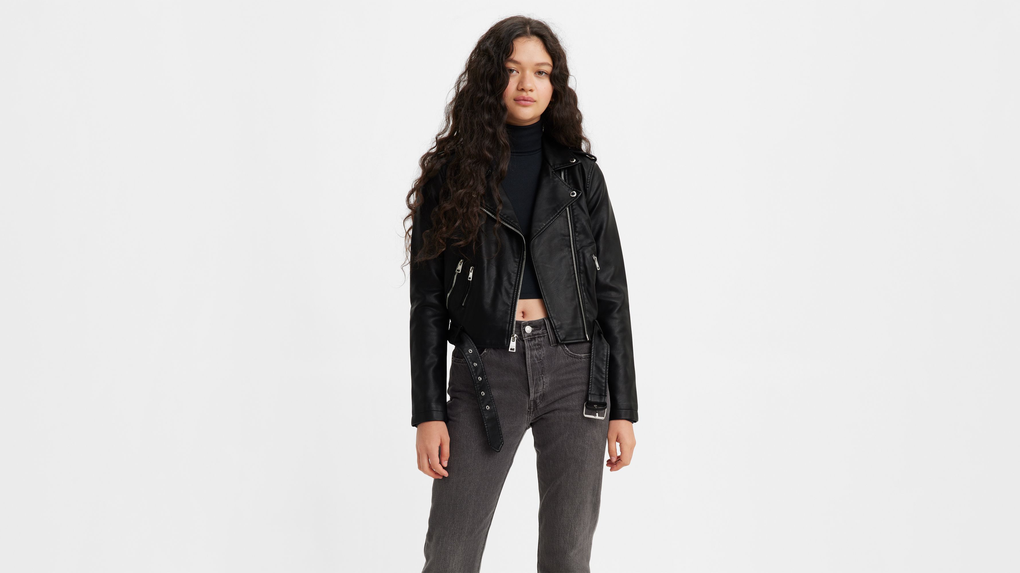 Bershka Cropped Faux Leather Biker Jacket in Black